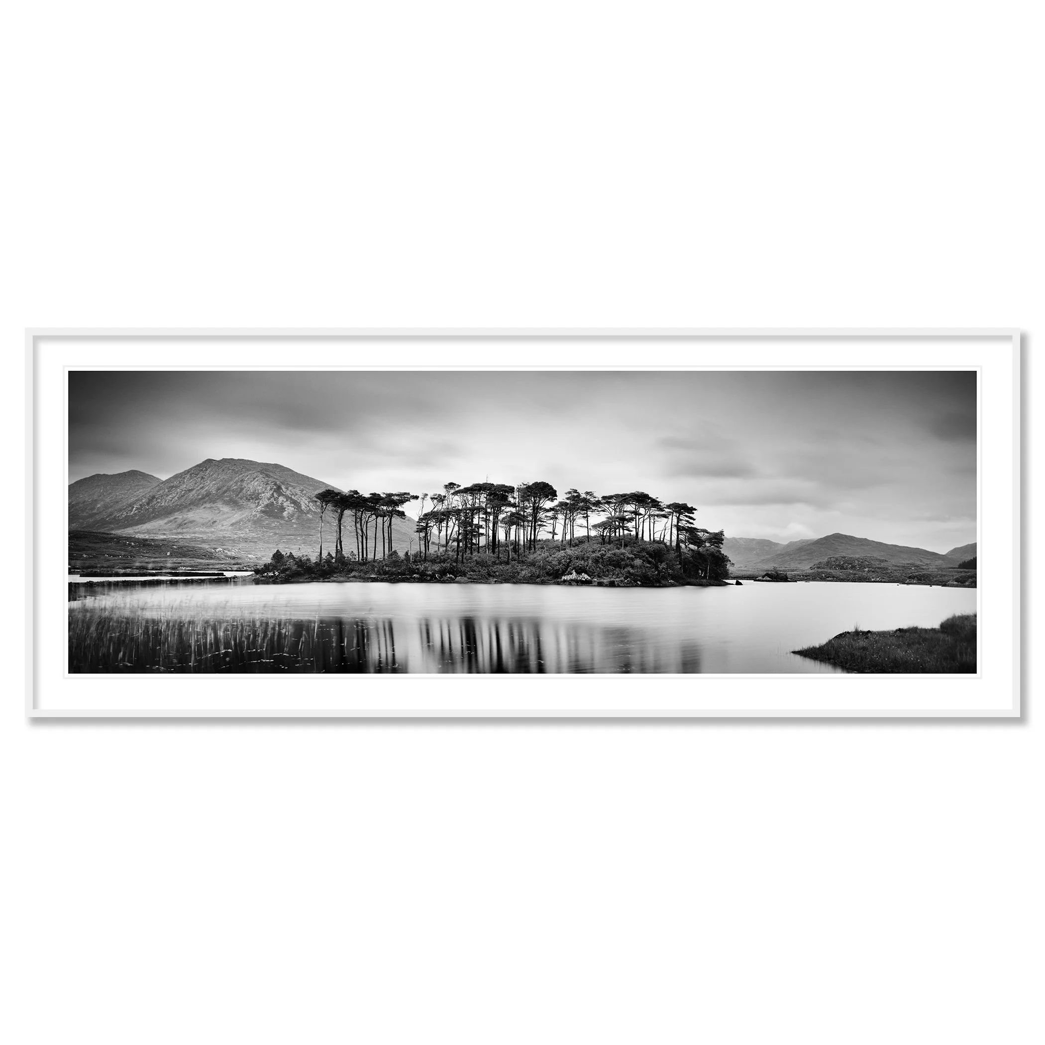 Gerald Berghammer - Black and white panorama landscape photography. Small island with tall trees, surrounded by water, mountains, and cloudy sky. Classic framed white