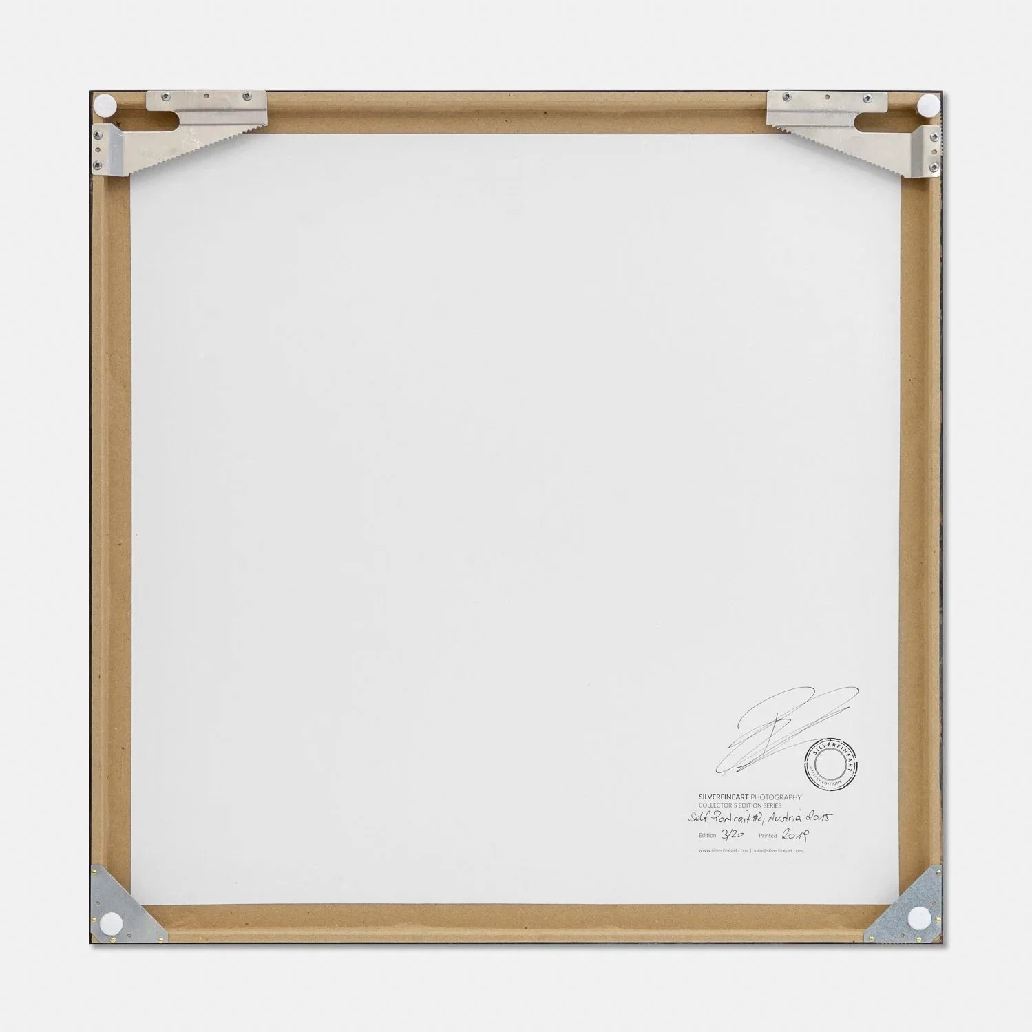 Reverse of Self Portrait Study 2 by Gerald Berghammer showing the wooden frame, mounting fittings and artist's inscription