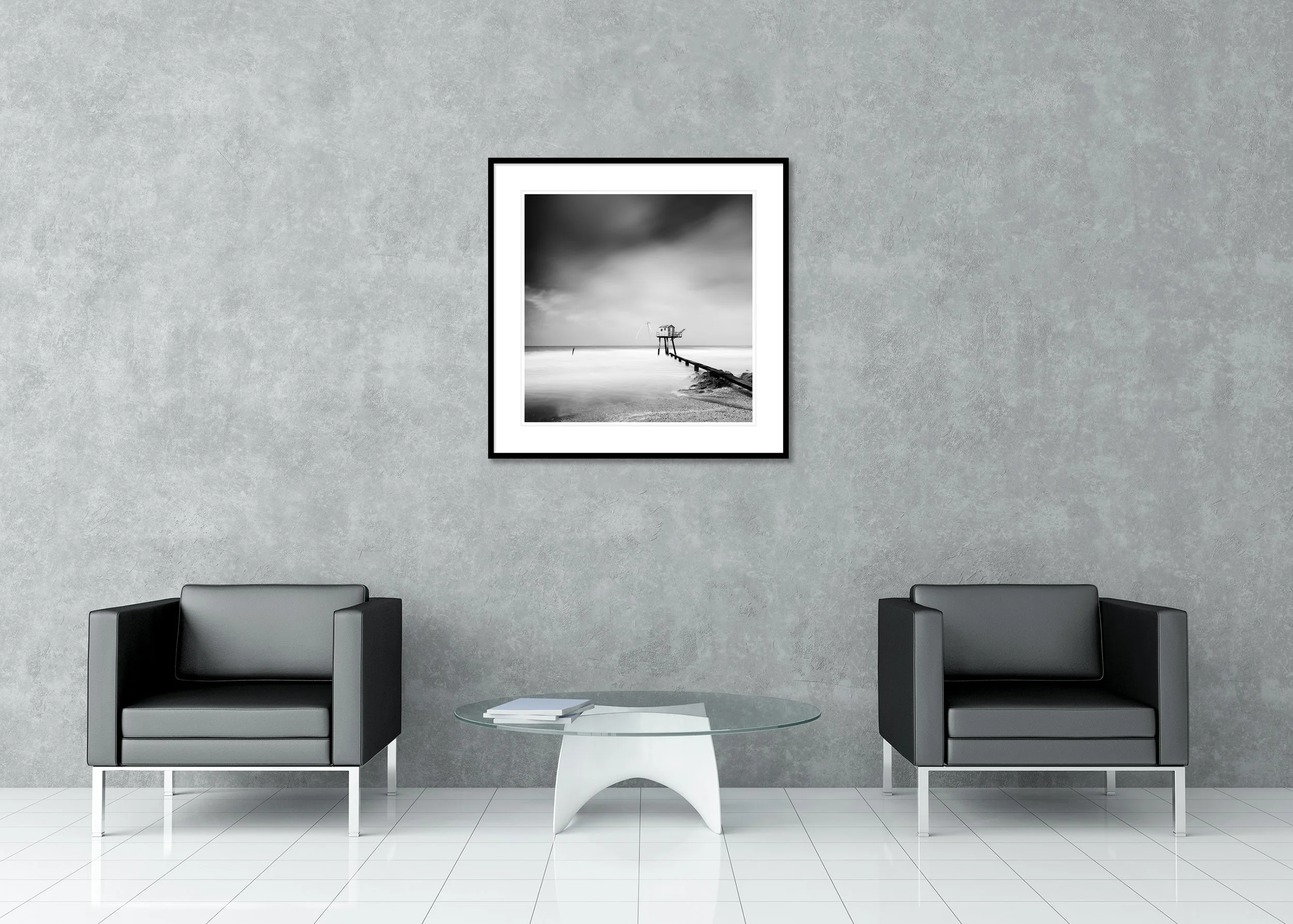 Fishing Hut on Stilts Study 8 displayed in a modern interior as an archival pigment print in an aluminium frame with white mount. Photo by Gerald Berghammer.