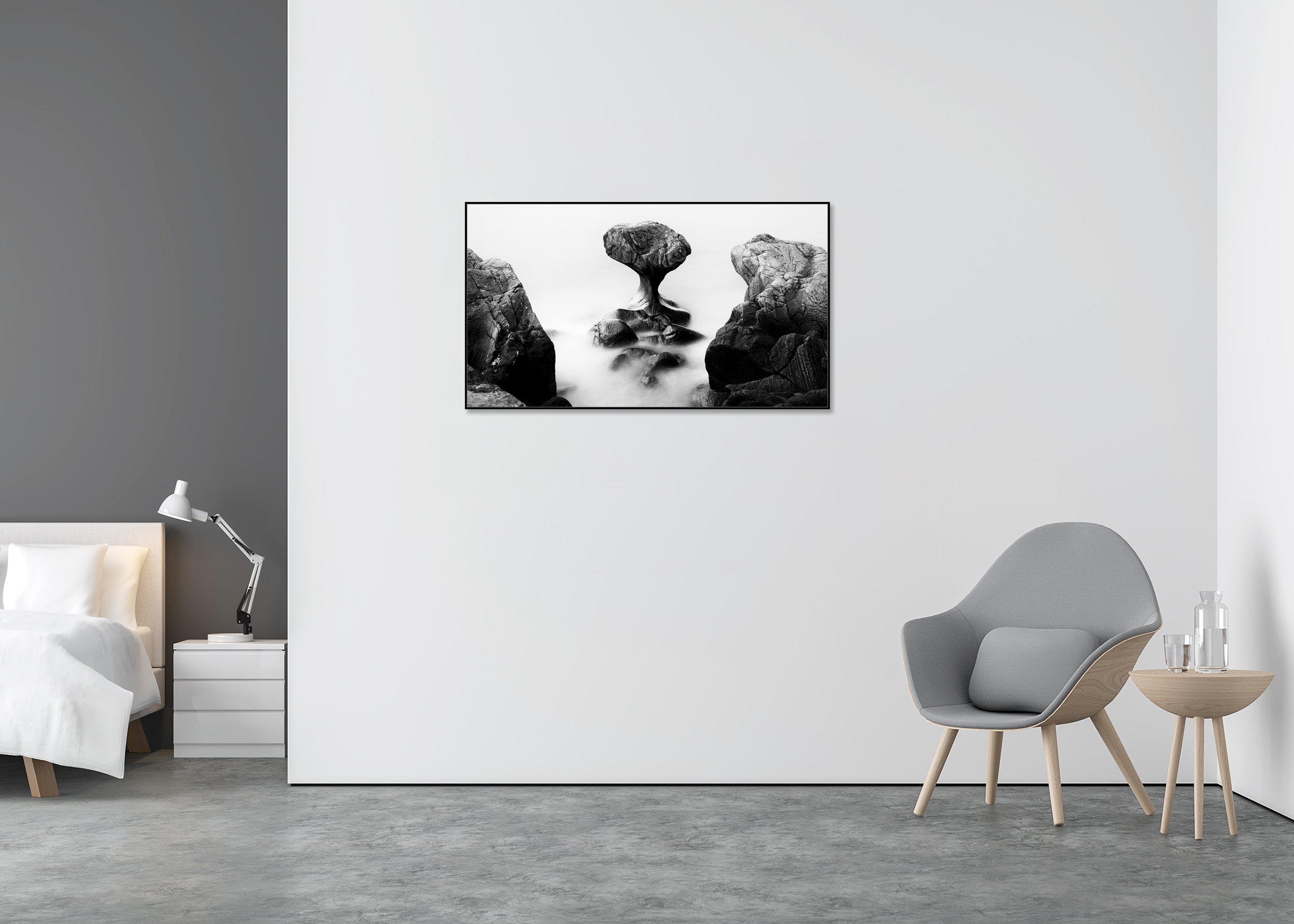 Minimalist landscape photo print of a mushroom-shaped rock formation reflected in calm water, mounted to Dibond in an aluminium ArtBox