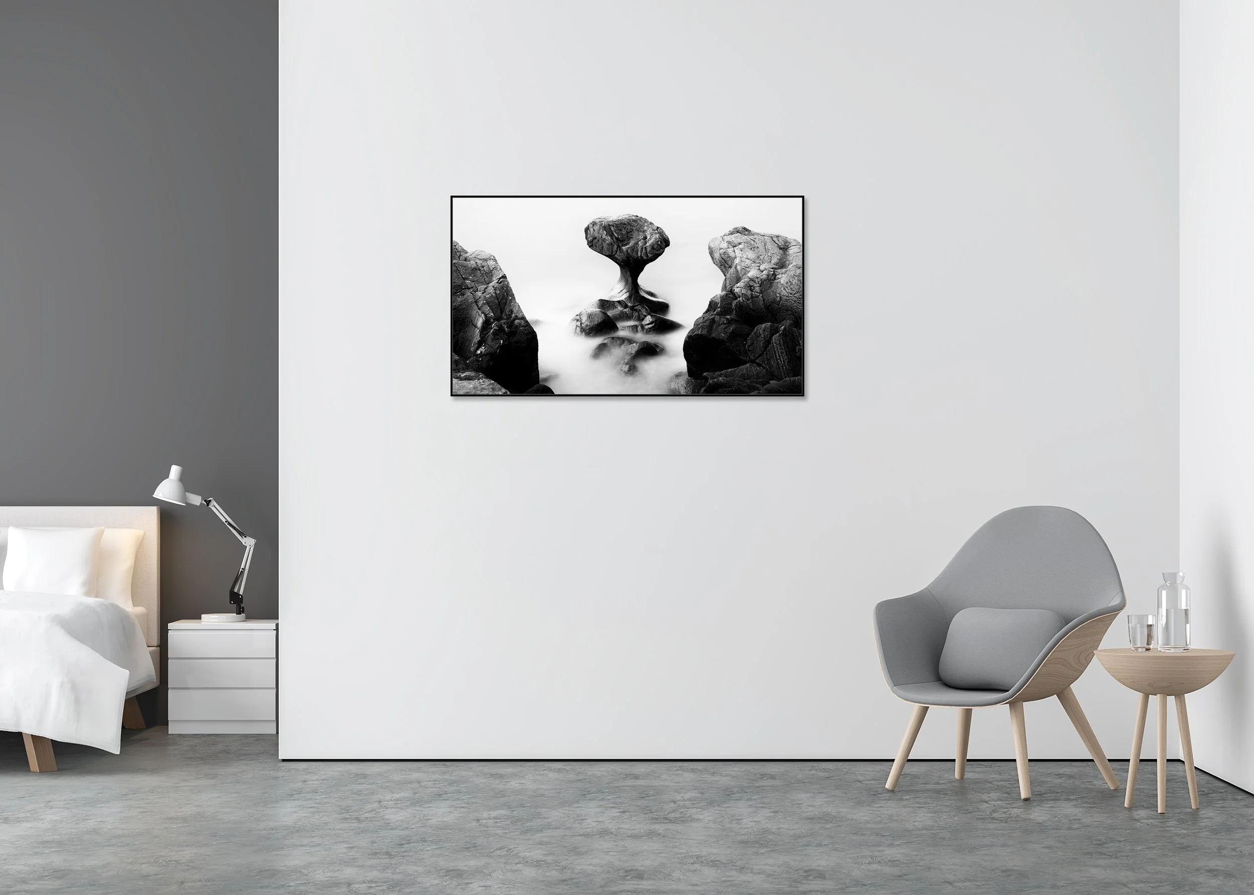Mushroom-shaped rock formation on calm water, shown as a ChromaLuxe metal print in an aluminium ArtBox frame.