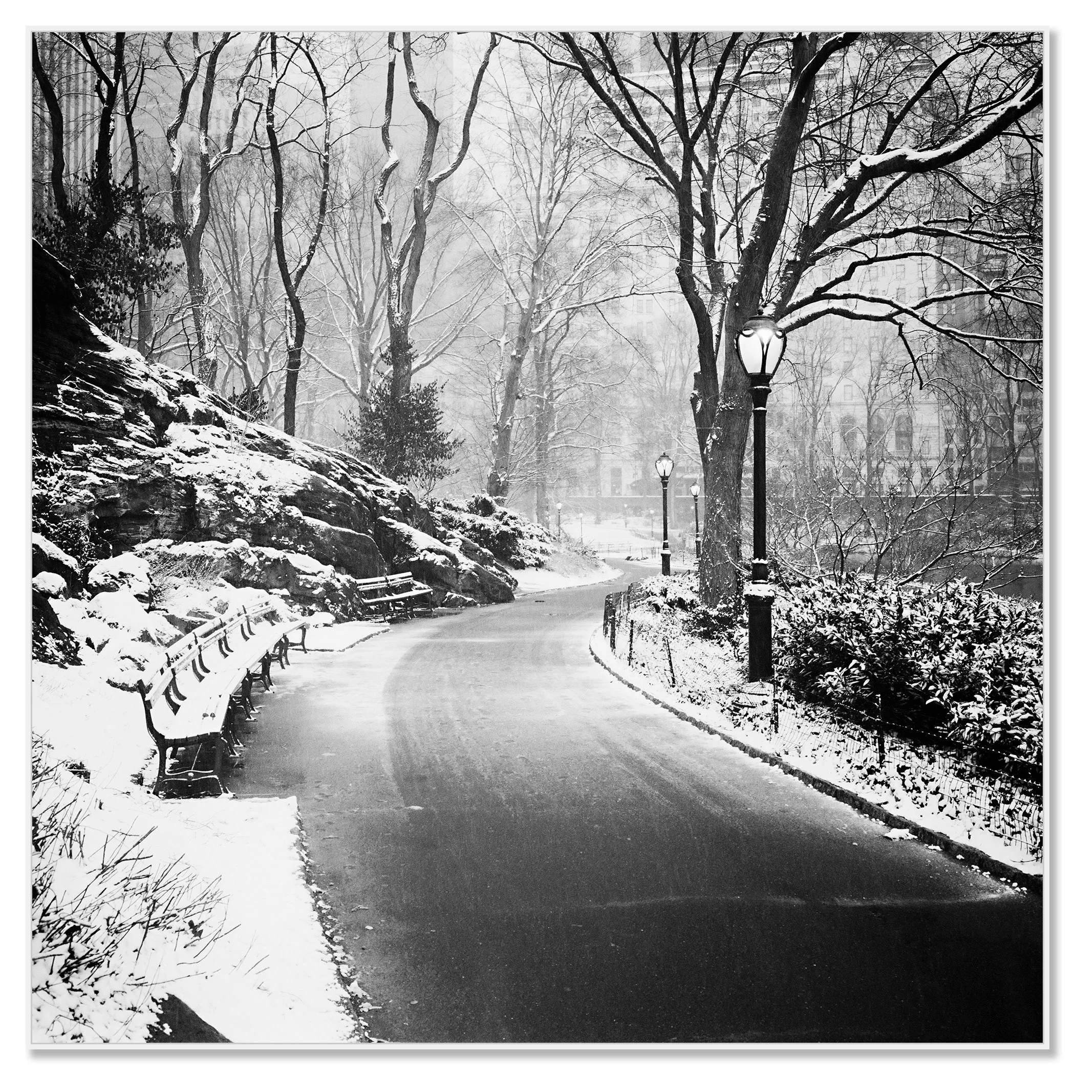 Snow-Covered Central Park Study 3 – New York City, USA, black-and-white photograph in a white aluminium ArtBox frame