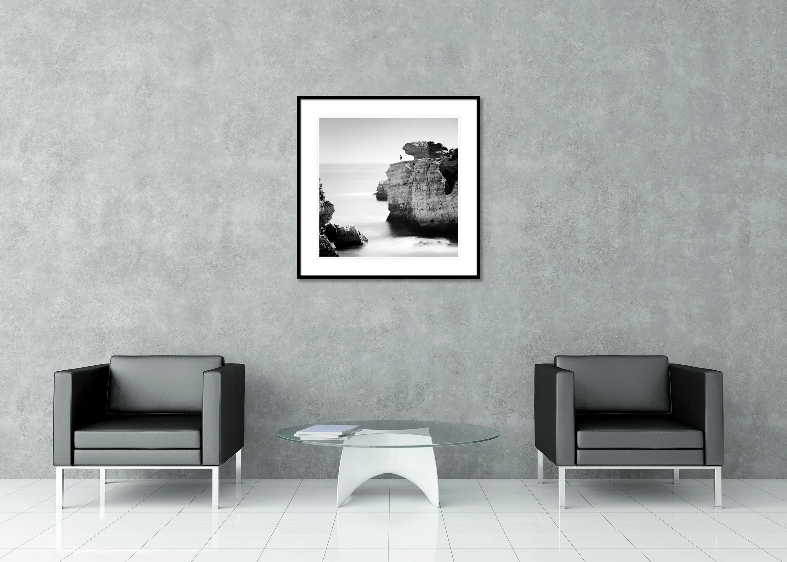 Rock Fishing Study 1 – archival pigment print in a black aluminium frame with a white mount displayed in a modern interior. Photo by Gerald Berghammer.
