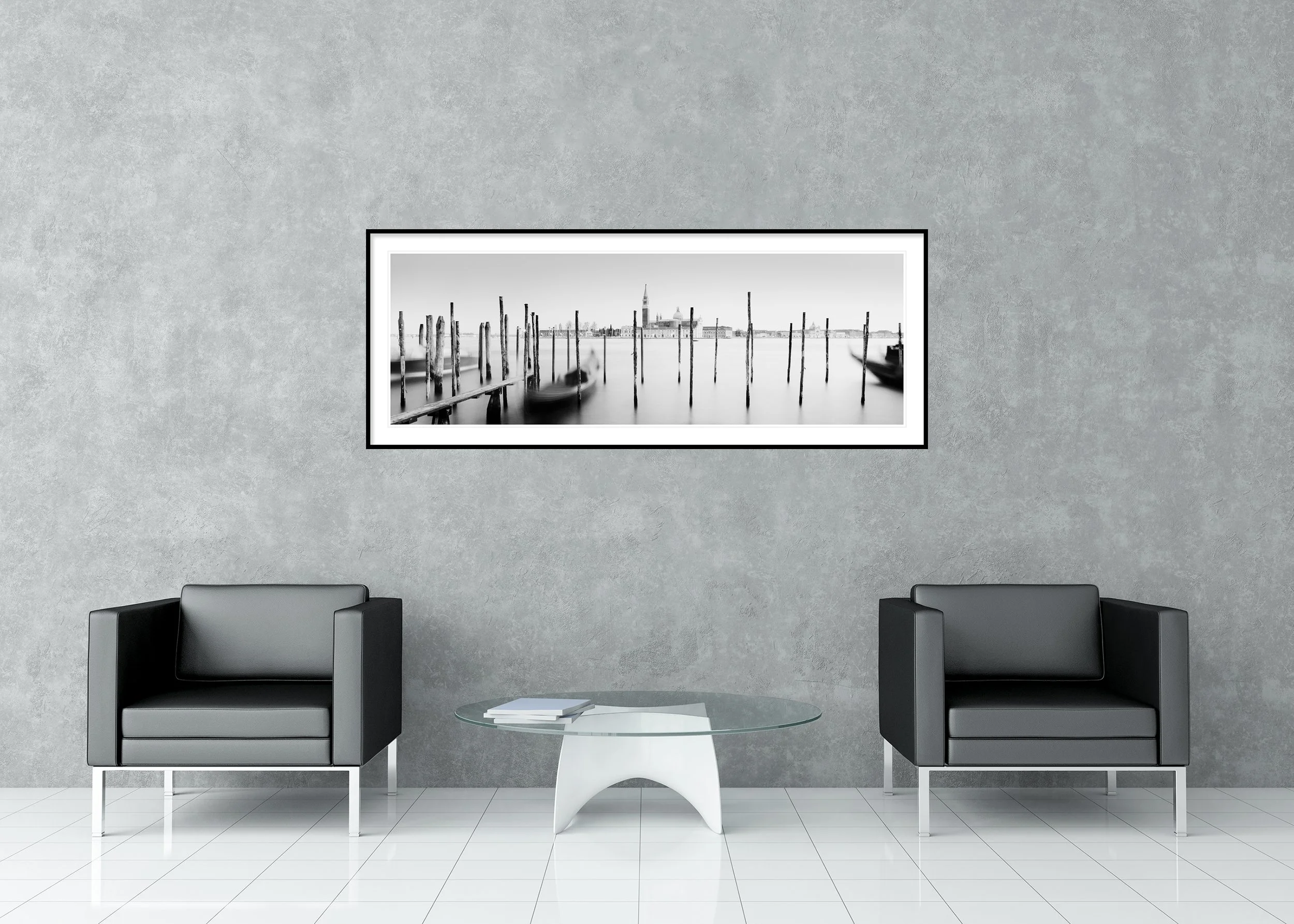 Basilica di San Giorgio Maggiore Panorama by Gerald Berghammer displayed in a contemporary interior in a black aluminium frame with white mount.