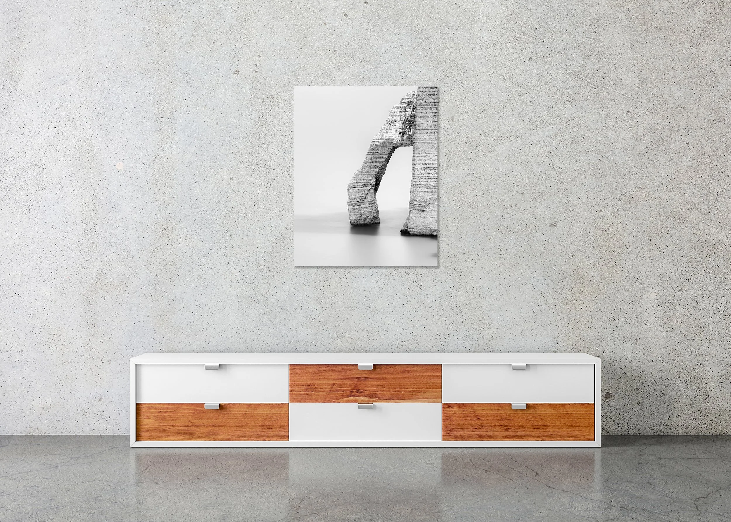 Minimalist black and white stone arch photo print mounted on Dibond, frameless, with layered texture and a calm contemporary aesthetic.