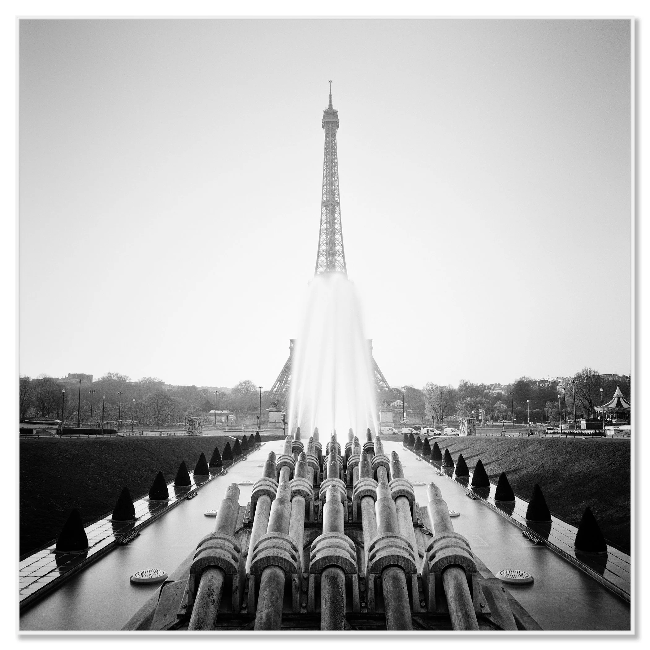 Eiffel Tower Study 5 – Paris, France, black-and-white photograph in a white aluminium ArtBox frame