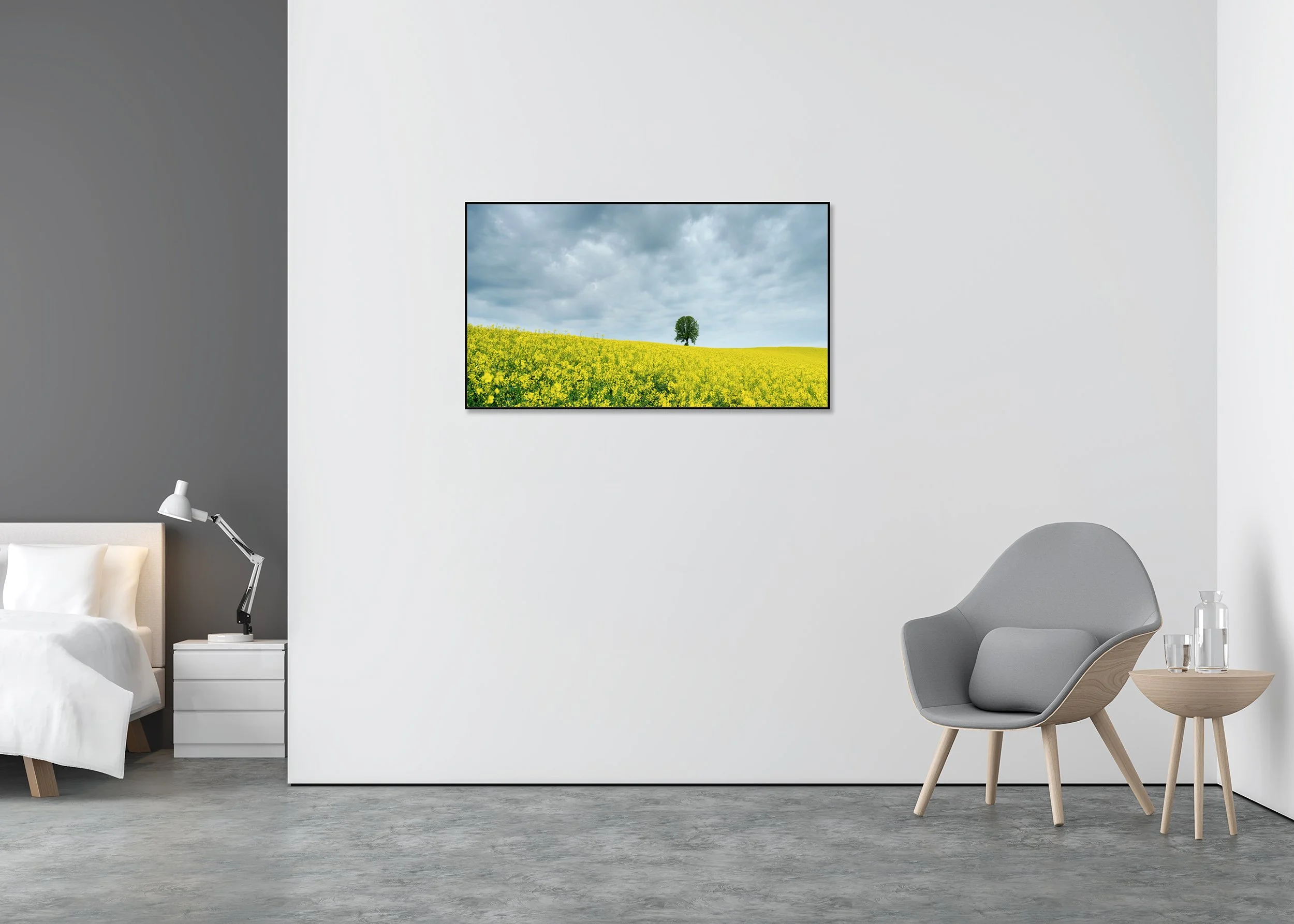 Tree in a Yellow Rapeseed Field displayed in a modern interior as a colour Dibond print in a black aluminium ArtBox frame by Gerald Berghammer.
