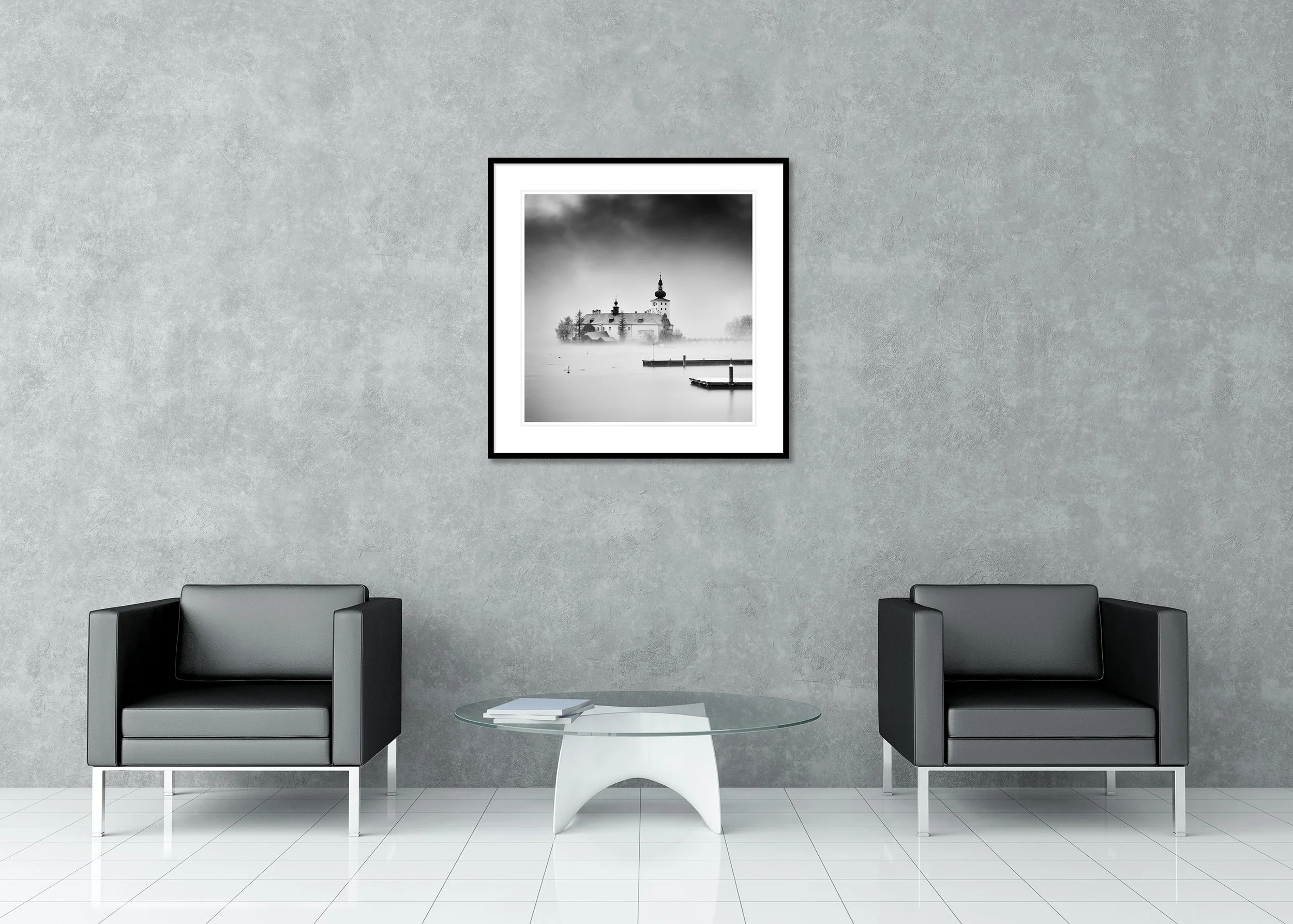 Seeschloss Ort castle on Traunsee in mist, Gmunden, Austria – archival pigment print in a classic frame with mount