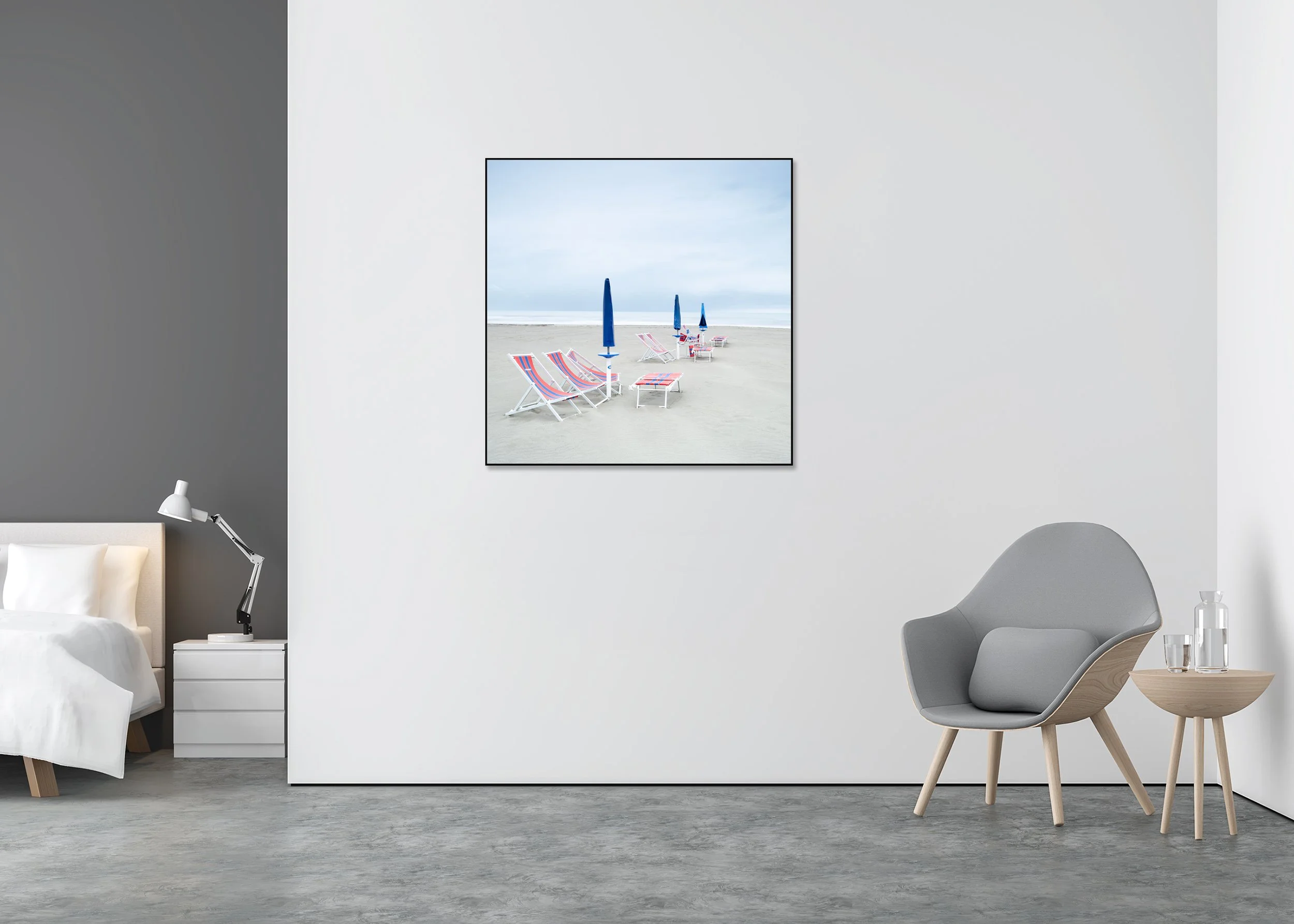 Sun Loungers on the Beach, Study 2 – colour photograph on Dibond in an aluminium ArtBox displayed in a minimalist interior.