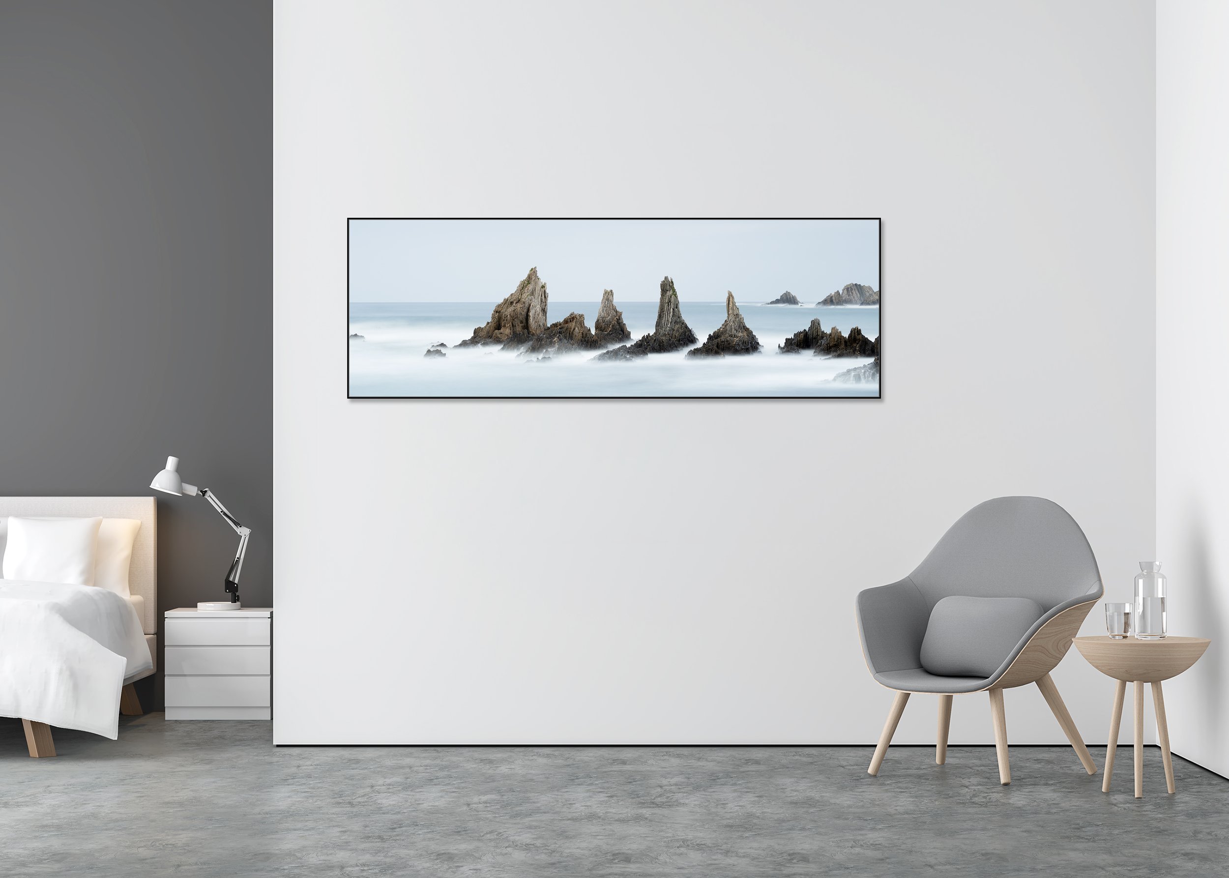 Sea Stack, Study 3 – Bay of Biscay, Spain, colour fine art photograph displayed in a black aluminium ArtBox in a modern bedroom.