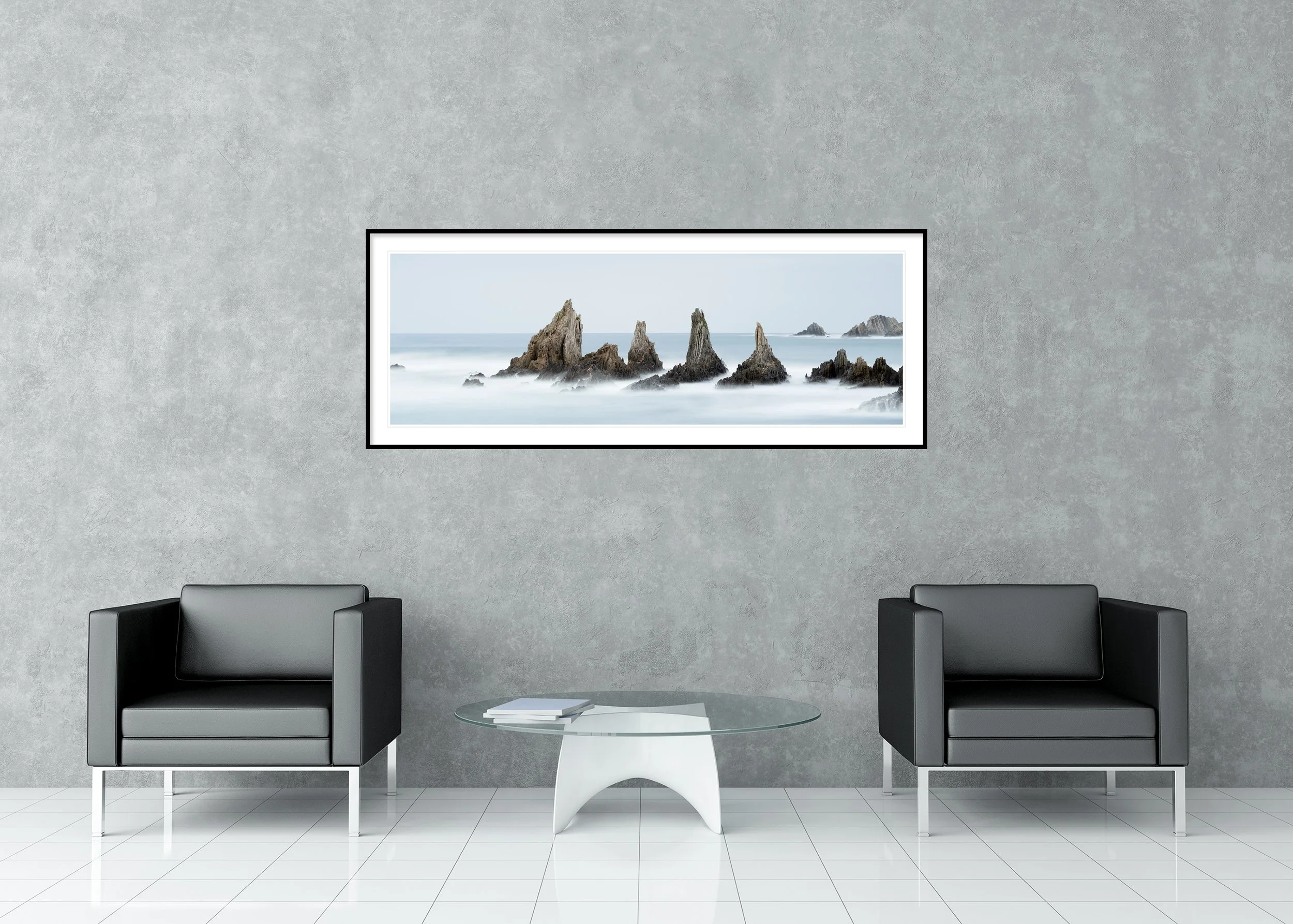 Gerald Berghammer - Sea Stack, Bay of Biscay, long exposure panorama, Spain, Archival pigment print, aluminium frame, passe-partout, anti reflex glass