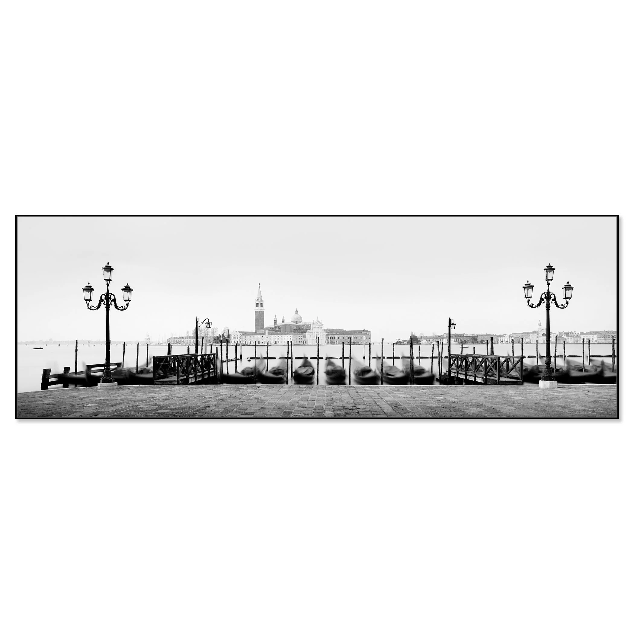 Minimal black and white Venice scene with gondolas, waterside lamps and San Giorgio Maggiore in the background – framed ArtBox black