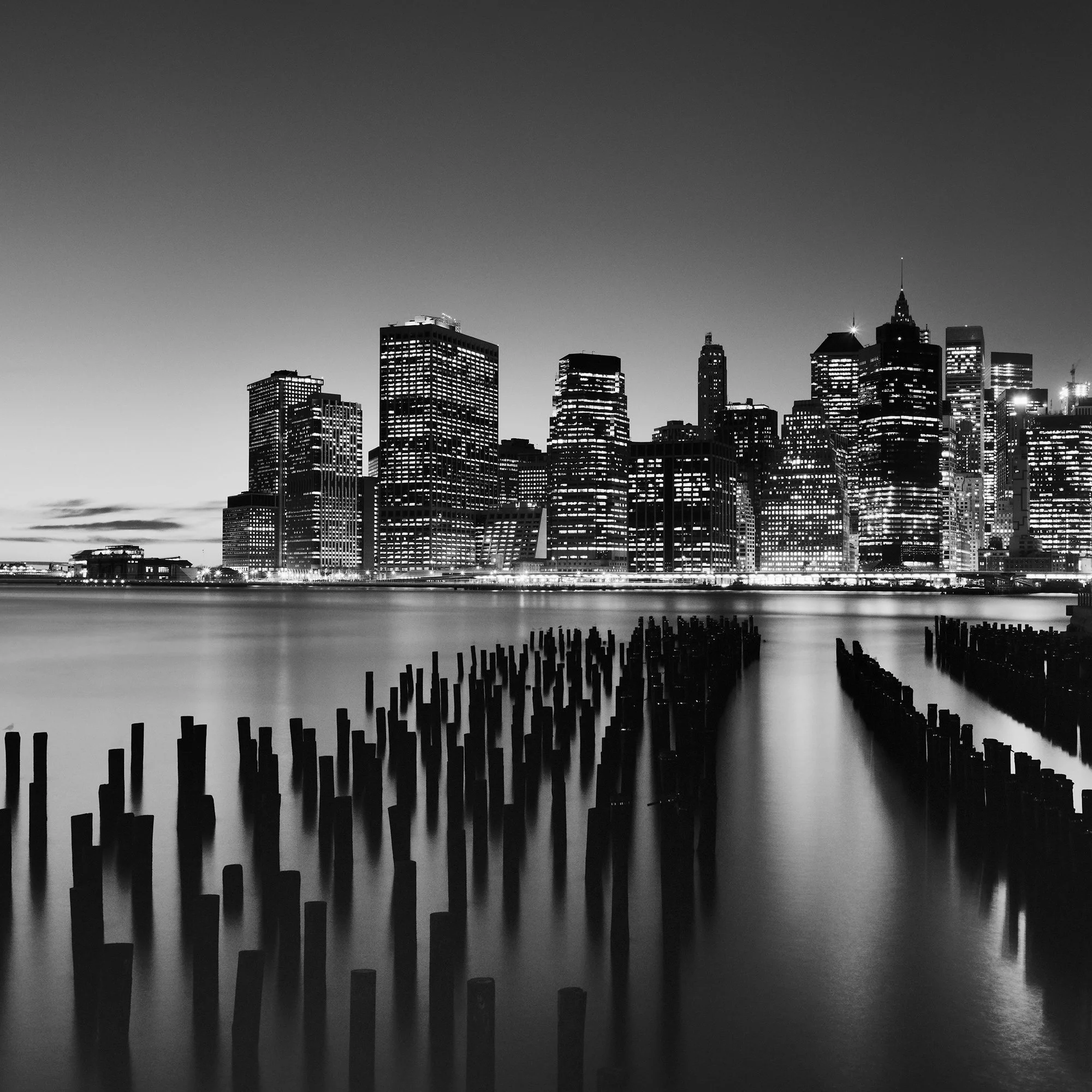 Detail of Manhattan Skyline Study 1 showing Lower Manhattan and wooden pilings in the East River.