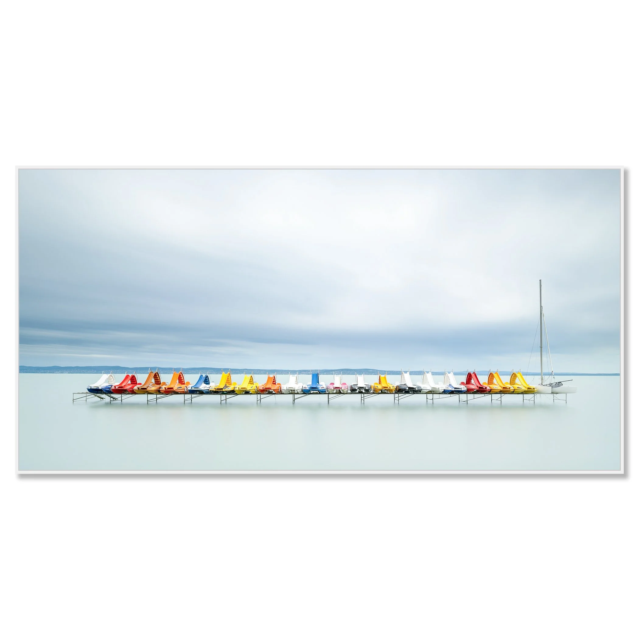 Pedal Boats and a Catamaran, Lake Balaton, colour photograph on Dibond in a white aluminium ArtBox frame by Gerald Berghammer.