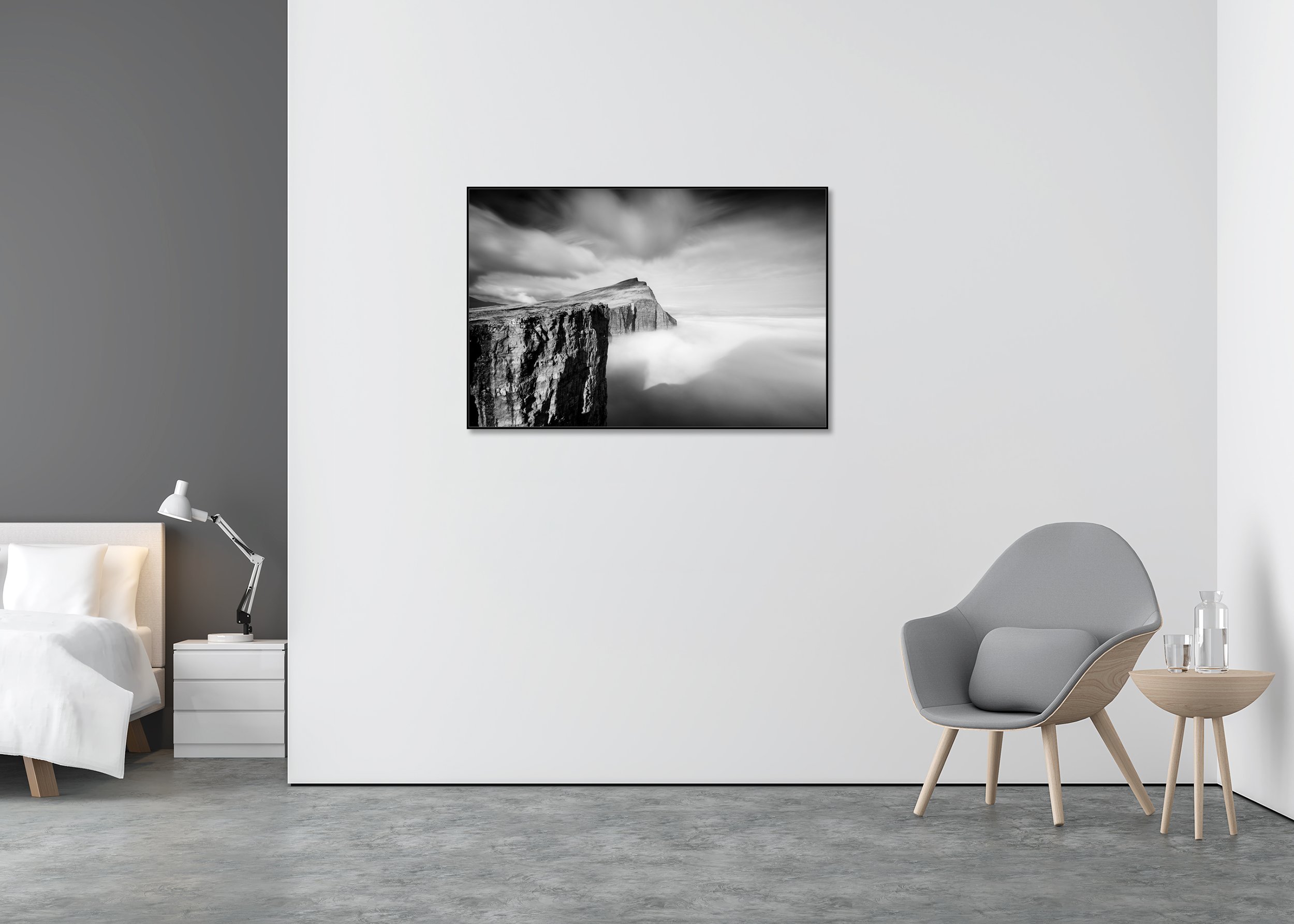 Foggy Slave Cliff, Study 1 – black-and-white Dibond print in a black aluminium ArtBox in a minimalist bedroom.