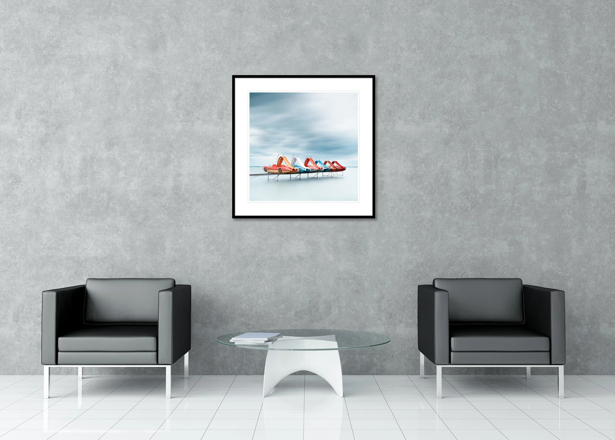 Gerald Berghammer - Row of colorful Pedal Boats, waterscape, Balaton, Hungary, Archival pigment print, aluminium frame, passe-partout, anti reflex glass