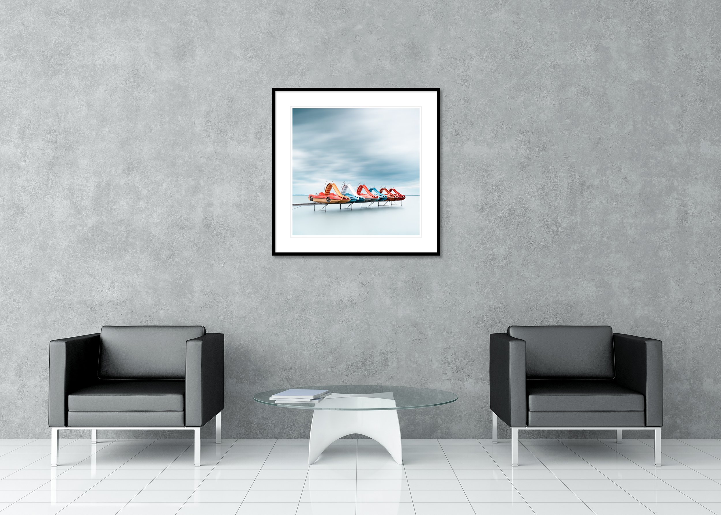 Row of Colourful Pedal Boats – Lake Balaton, colour archival pigment print in a black aluminium frame with a white mount in a modern lounge.