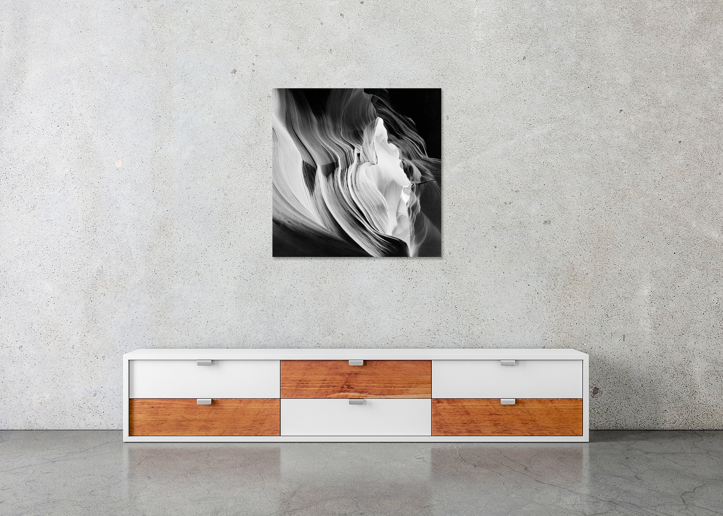 Antelope Canyon Study 3 displayed frameless on a wall, mounted on aluminium Dibond. Photo by Gerald Berghammer.