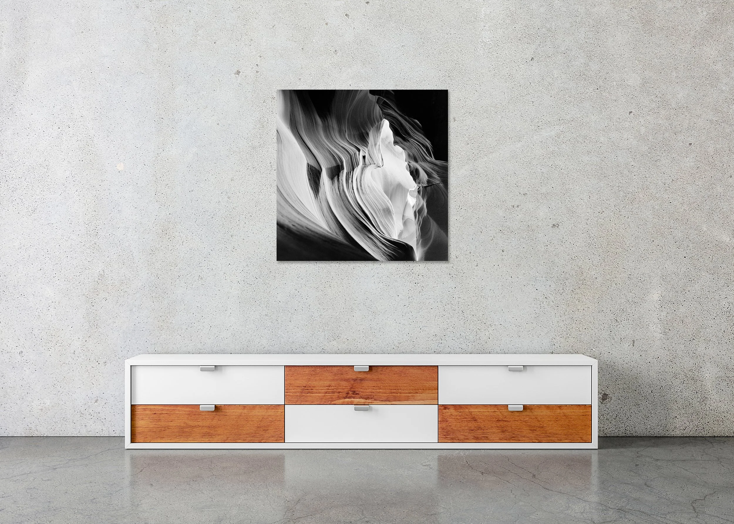 Black-and-white Antelope Canyon fine art photograph with flowing sandstone walls, photo print mounted to Dibond, frameless.