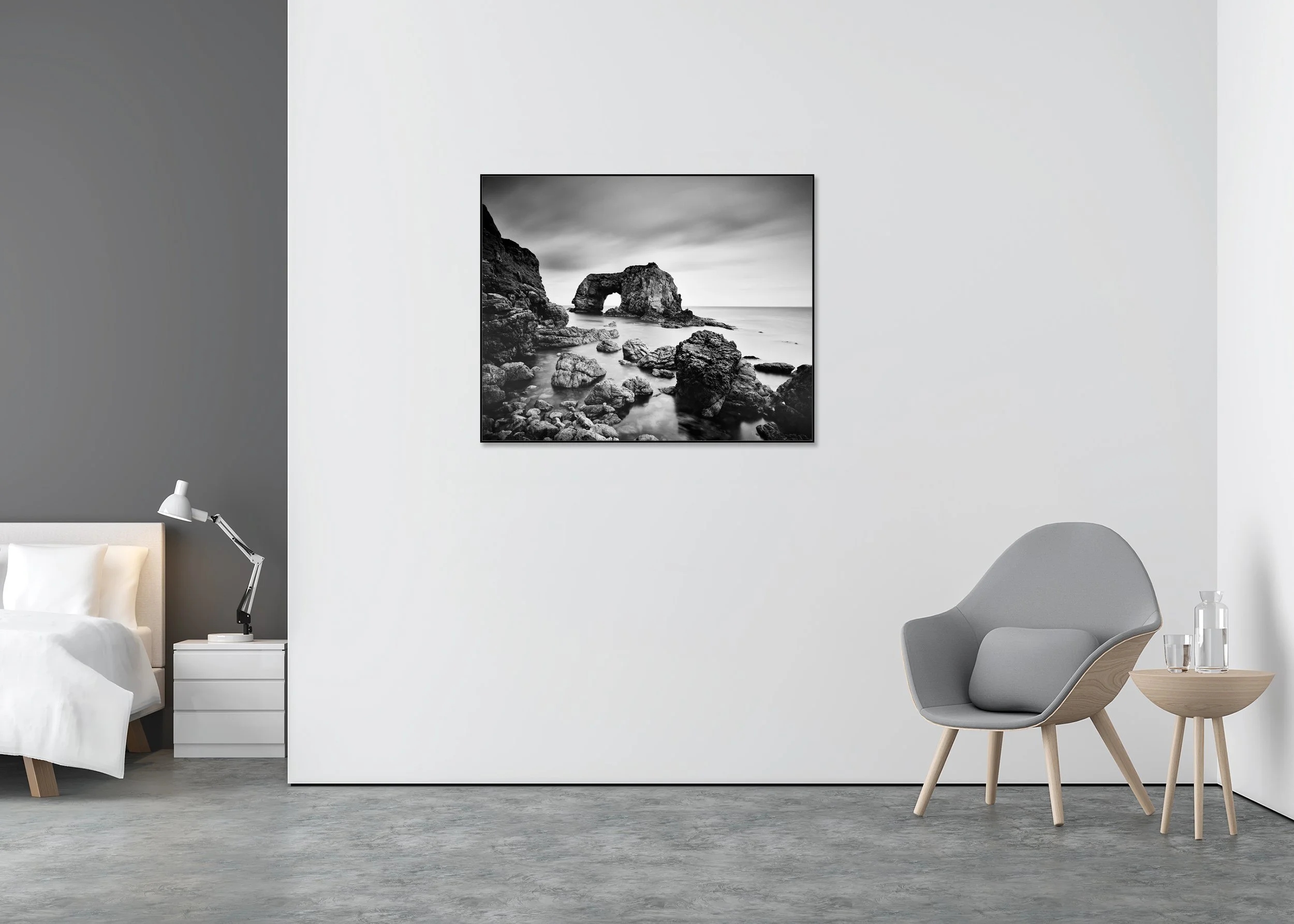 Monochrome photo print of Great Pollet Sea Arch with dramatic rock formations and still ocean water, mounted to Dibond in an aluminium ArtBox.