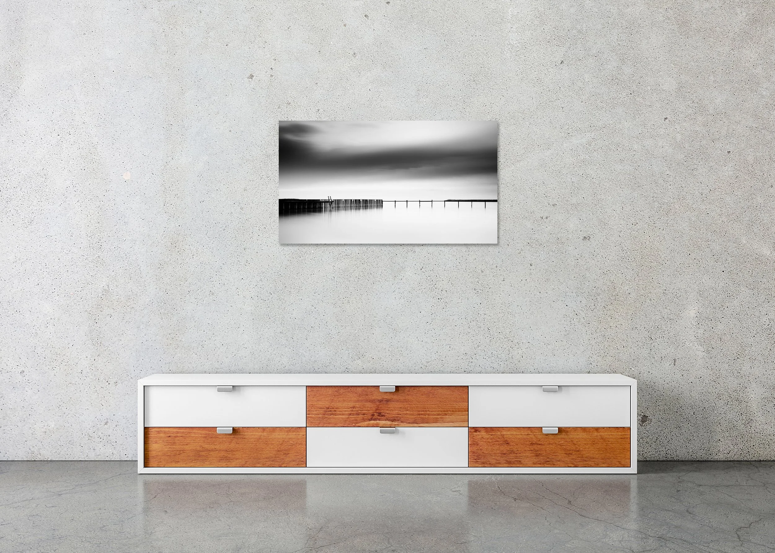 Frameless ChromaLuxe metal print of a monochrome panorama of calm water with a floating dock and distant pier, Austria