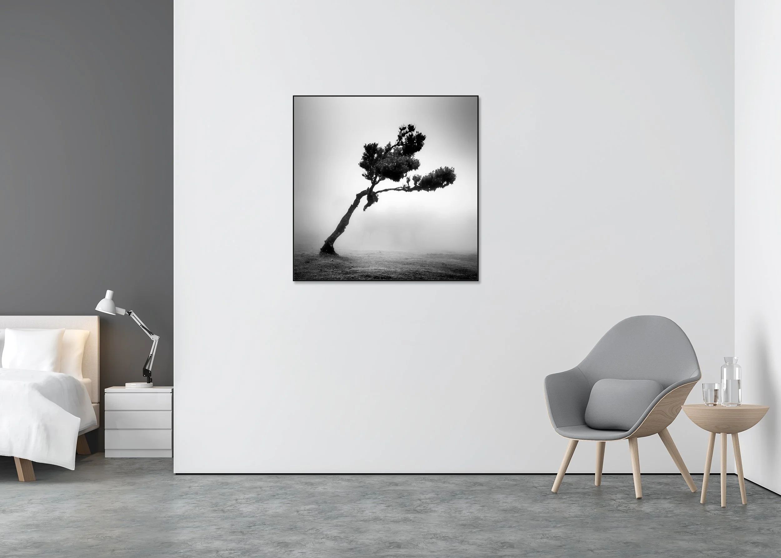 Minimal monochrome print of a bent tree emerging from thick mist in an open field, mounted to Dibond in an aluminium ArtBox.