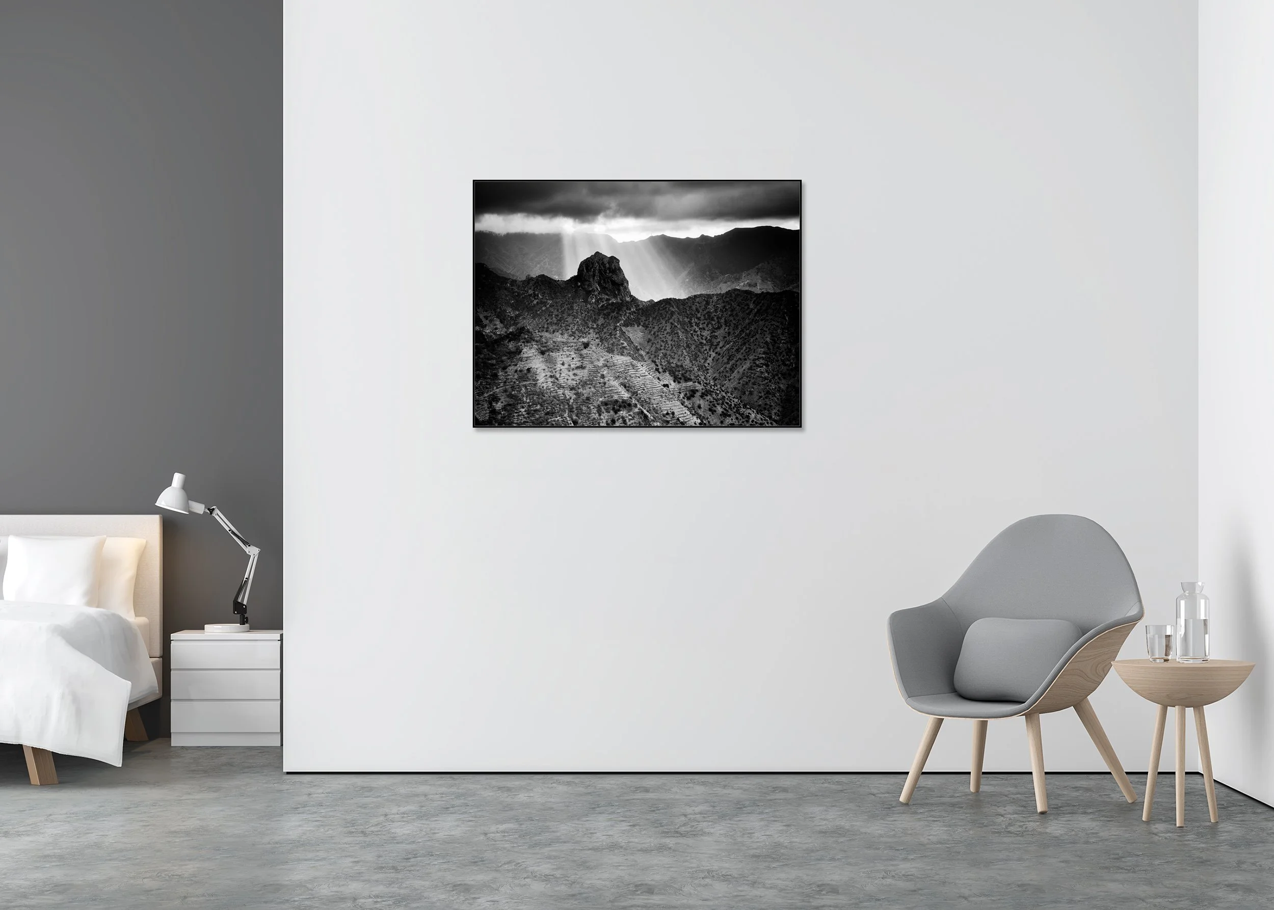 Here Comes the Sun Study 1 displayed in a modern interior, mounted on aluminium Dibond in a black ArtBox frame. Photo by Gerald Berghammer.