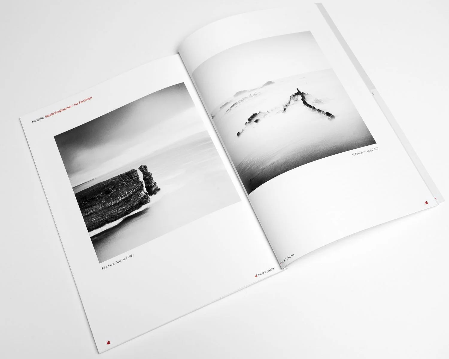 Fine Art Printer magazine spread presenting long-exposure photographs of a fishing hut in France and a wooden pier in Ireland by Gerald Berghammer.