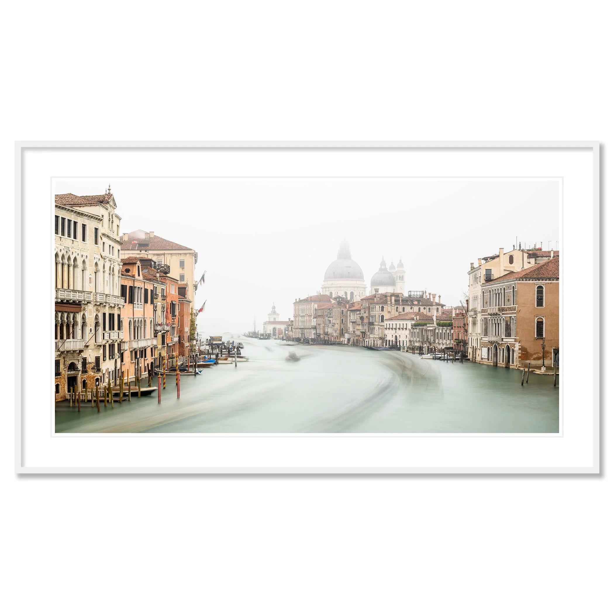 © 2025 Gerald Berghammer - Color cityscape photo. Foggy grand canal with historic buildings on both sides and the domed Basilica di Santa Maria della Salute. Classic framed white