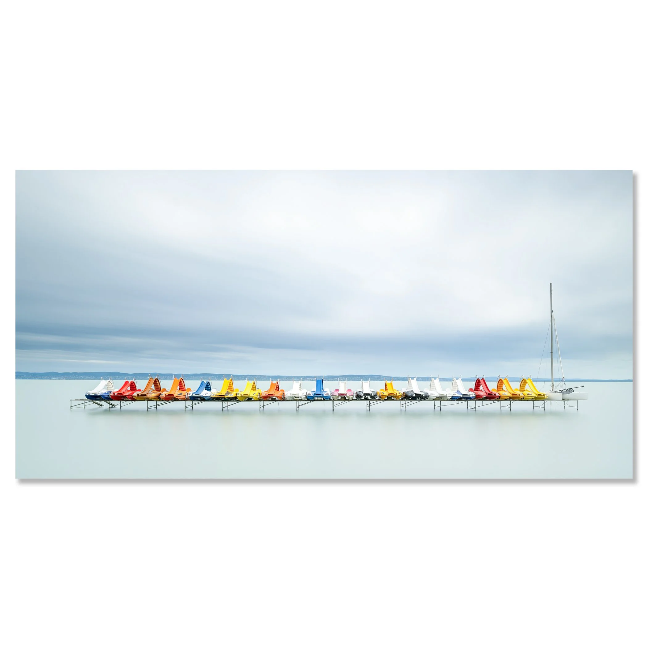 Pedal Boats and a Catamaran, Lake Balaton, presented as a frameless colour photograph mounted on aluminium Dibond by Gerald Berghammer.