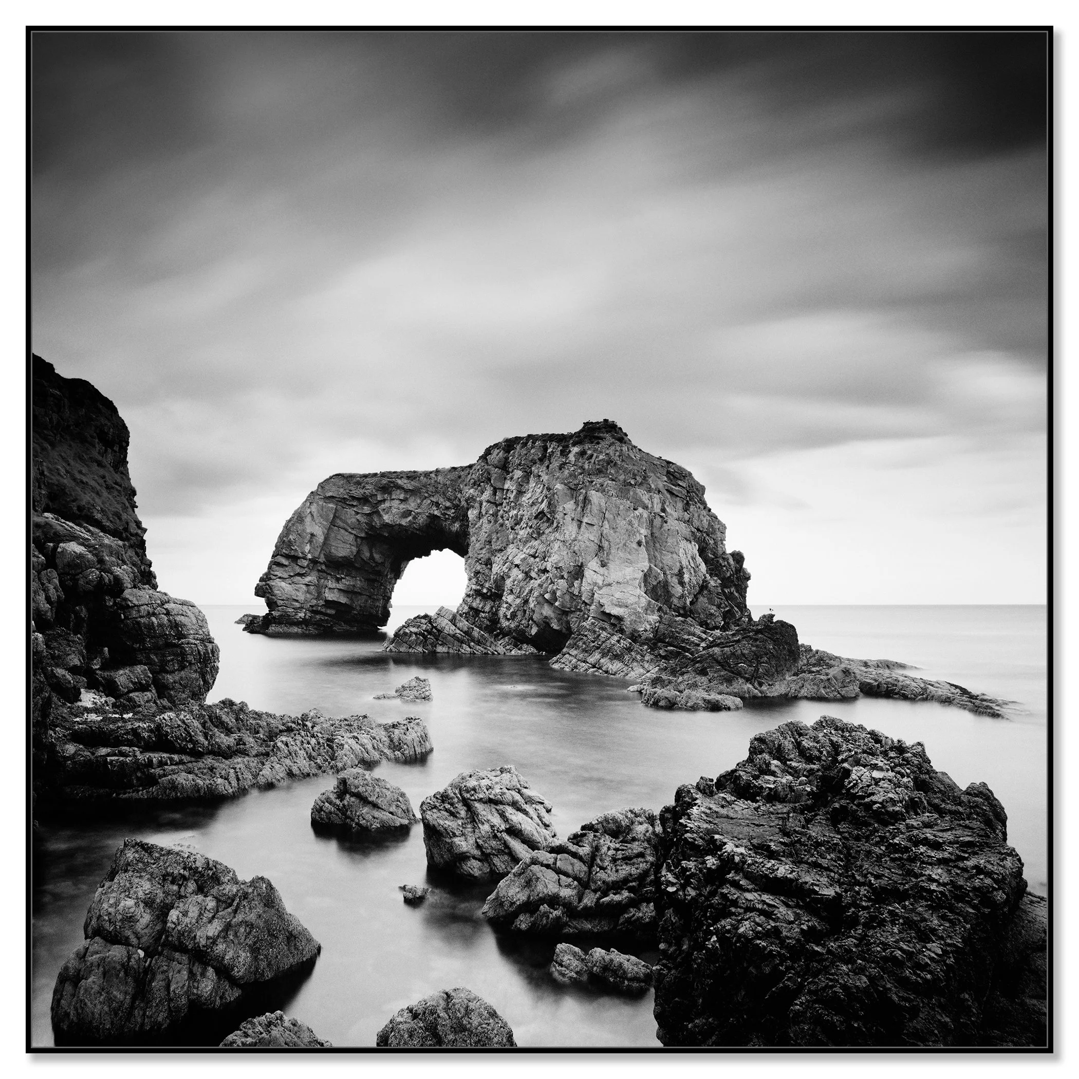 Great Pollet Sea Arch, Ireland, black-and-white photograph in a black aluminium ArtBox frame