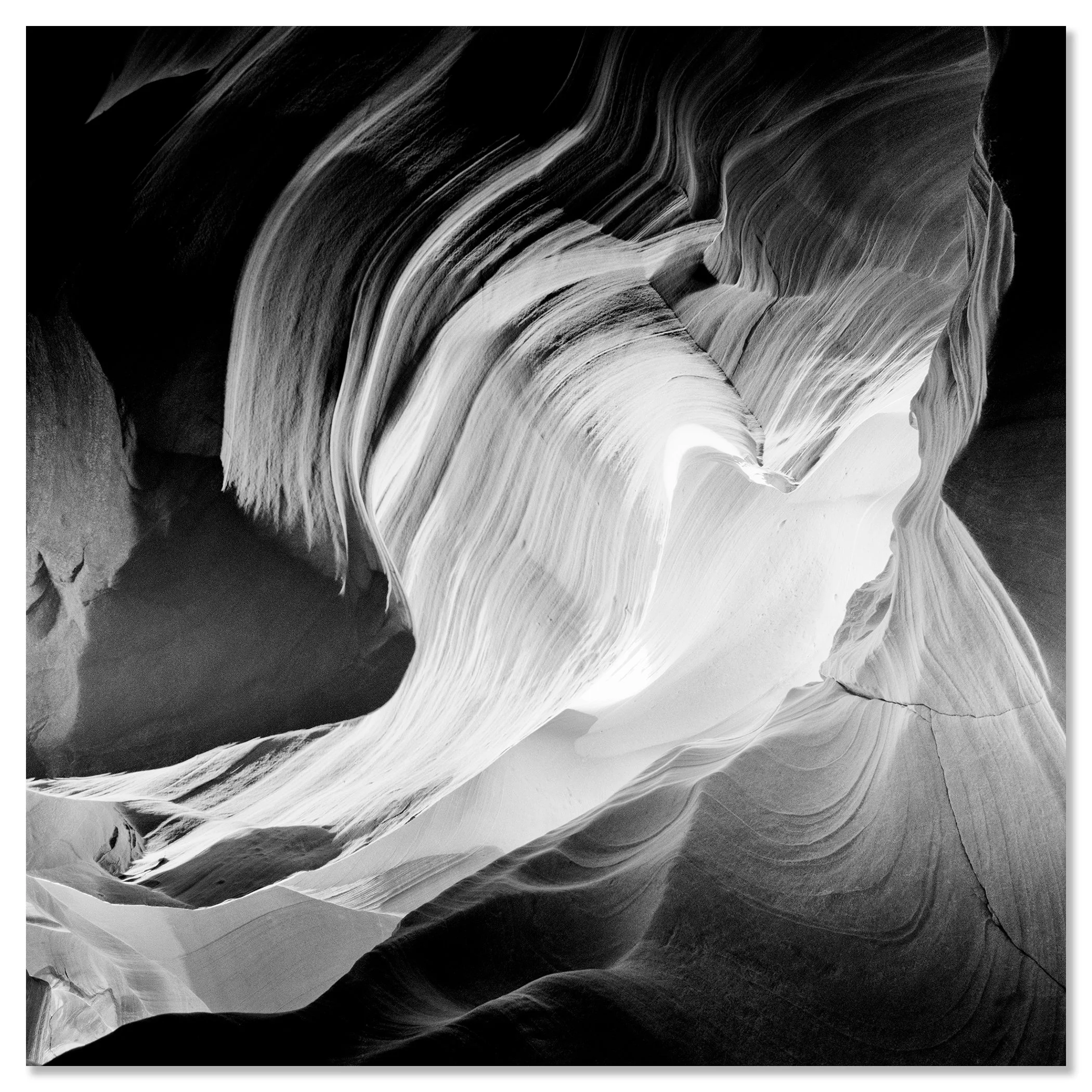 Heart by Gerald Berghammer, black-and-white Antelope Canyon photograph mounted frameless on aluminium Dibond.