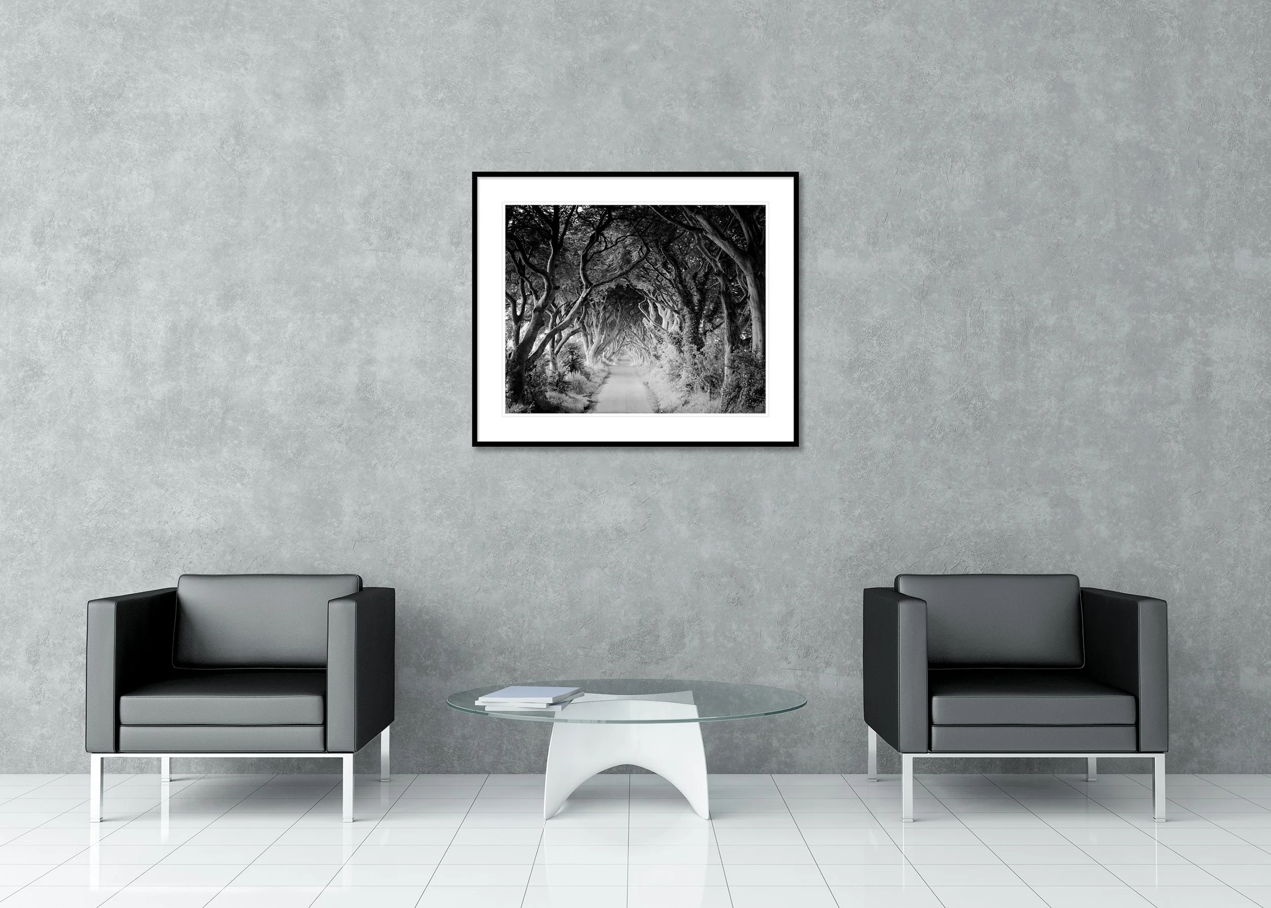 The Dark Hedges Study 3 displayed in a modern interior as an archival pigment print in a black aluminium frame with white mount by Gerald Berghammer.