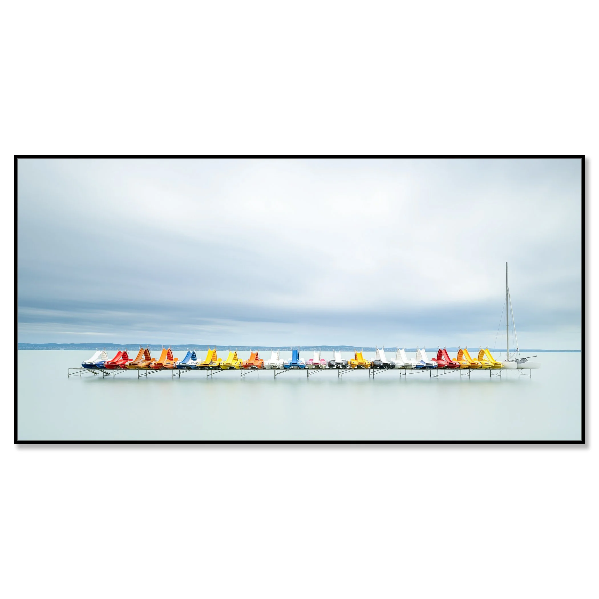 Pedal Boats and a Catamaran, Lake Balaton, colour photograph on Dibond in a black aluminium ArtBox frame by Gerald Berghammer.