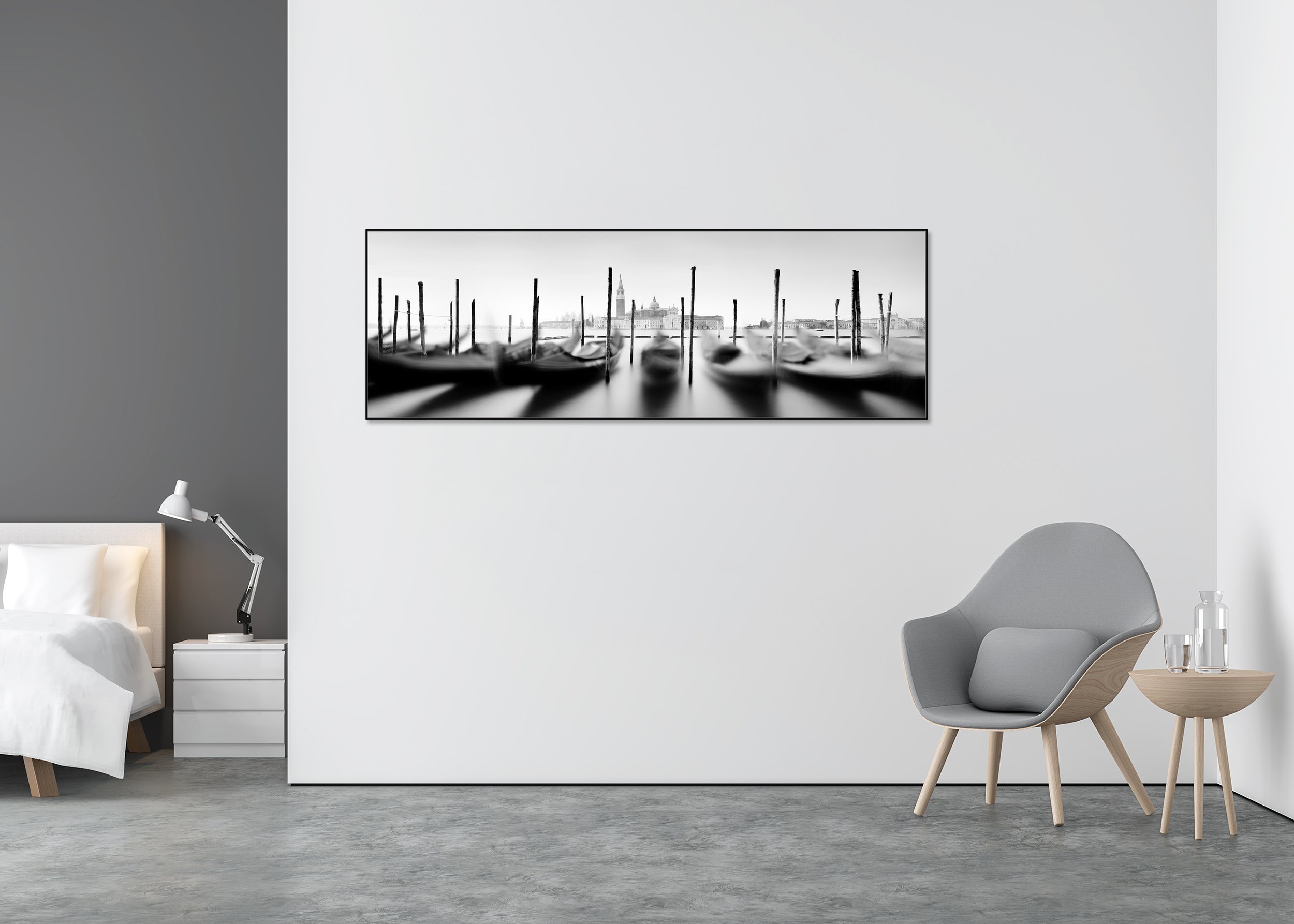 Basilica and Gondola Study 1 displayed in a modern interior in a black aluminium ArtBox frame by Gerald Berghammer.