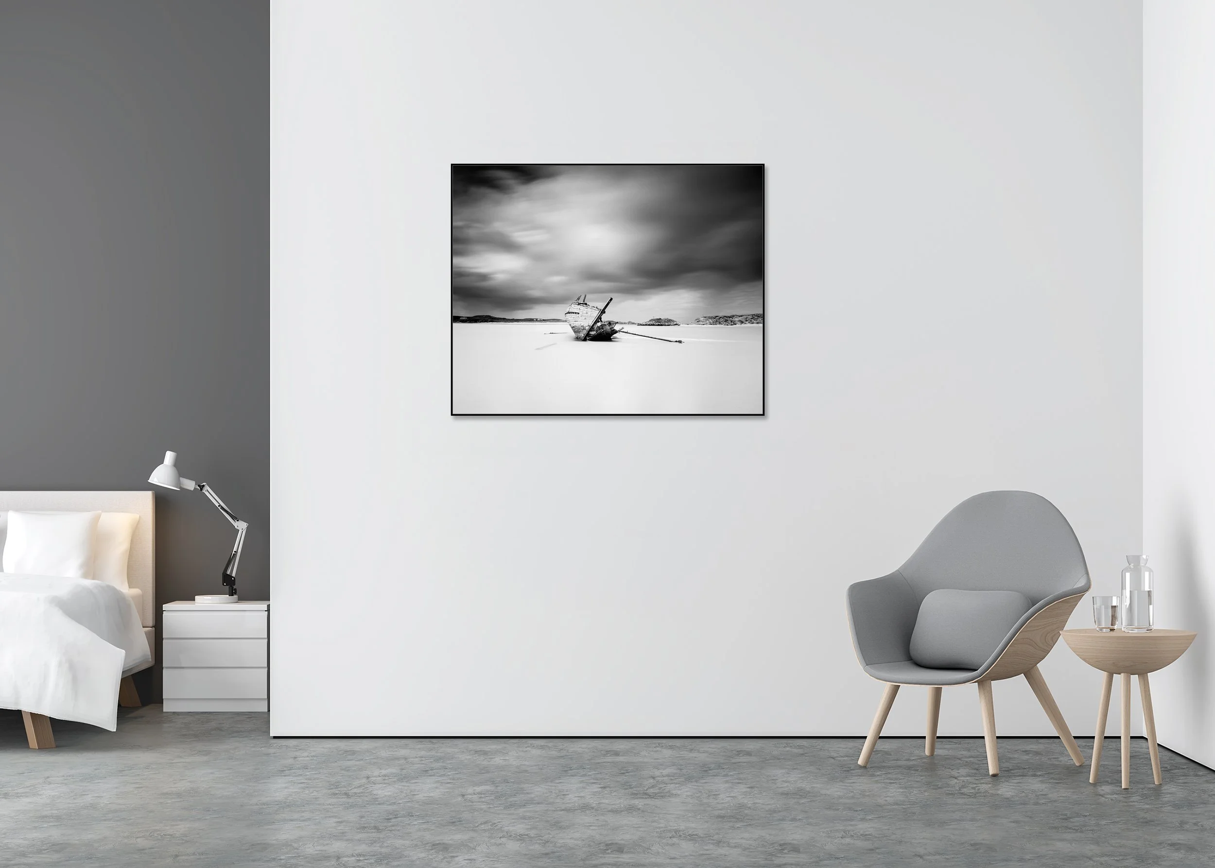 Bad Eddie’s Boat, Study 1 displayed in a minimalist bedroom, mounted on aluminium Dibond in a black ArtBox frame by Gerald Berghammer.