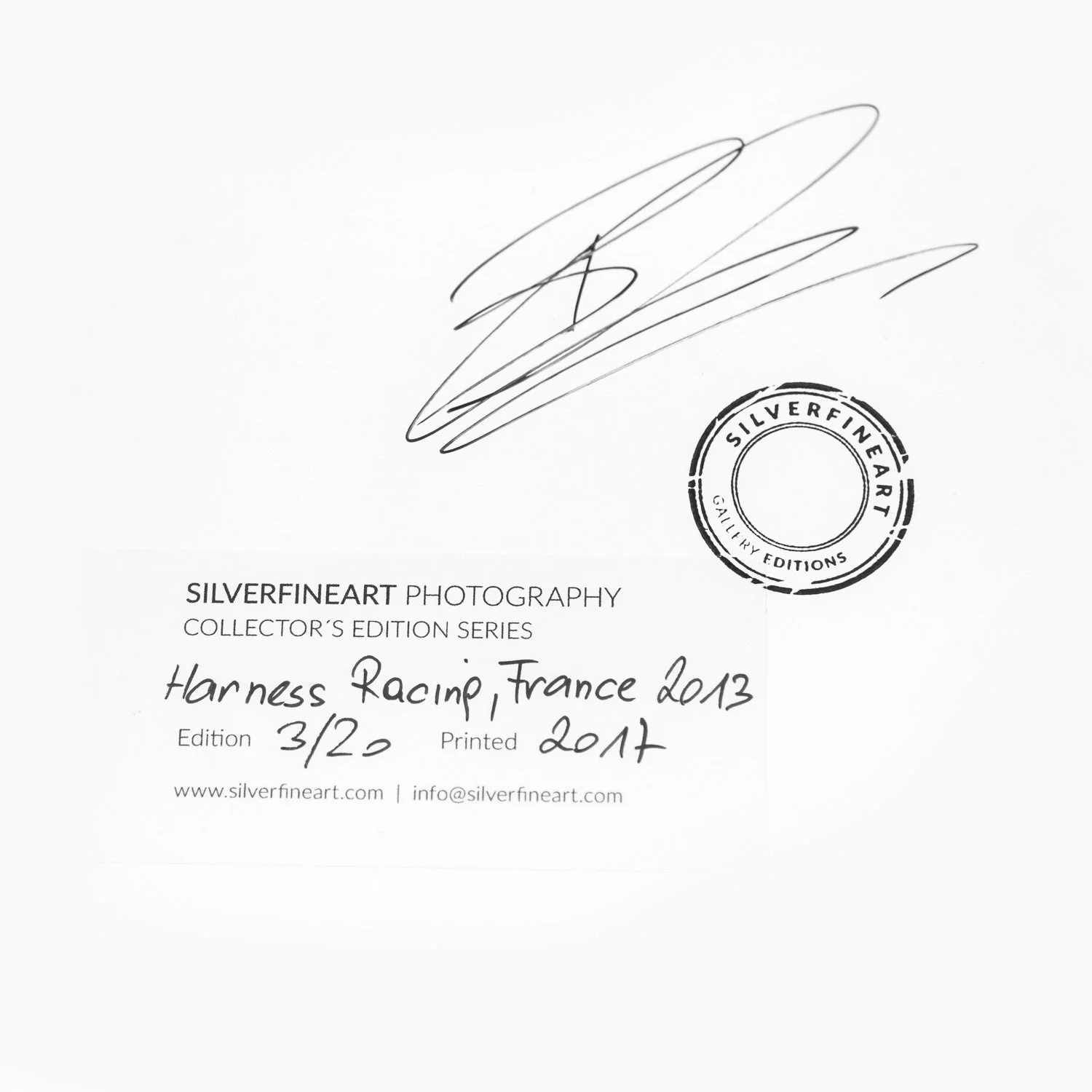 Artist's signature, SILVERFINEART gallery stamp and handwritten edition 3/20 on Harness Racing – France by Gerald Berghammer.