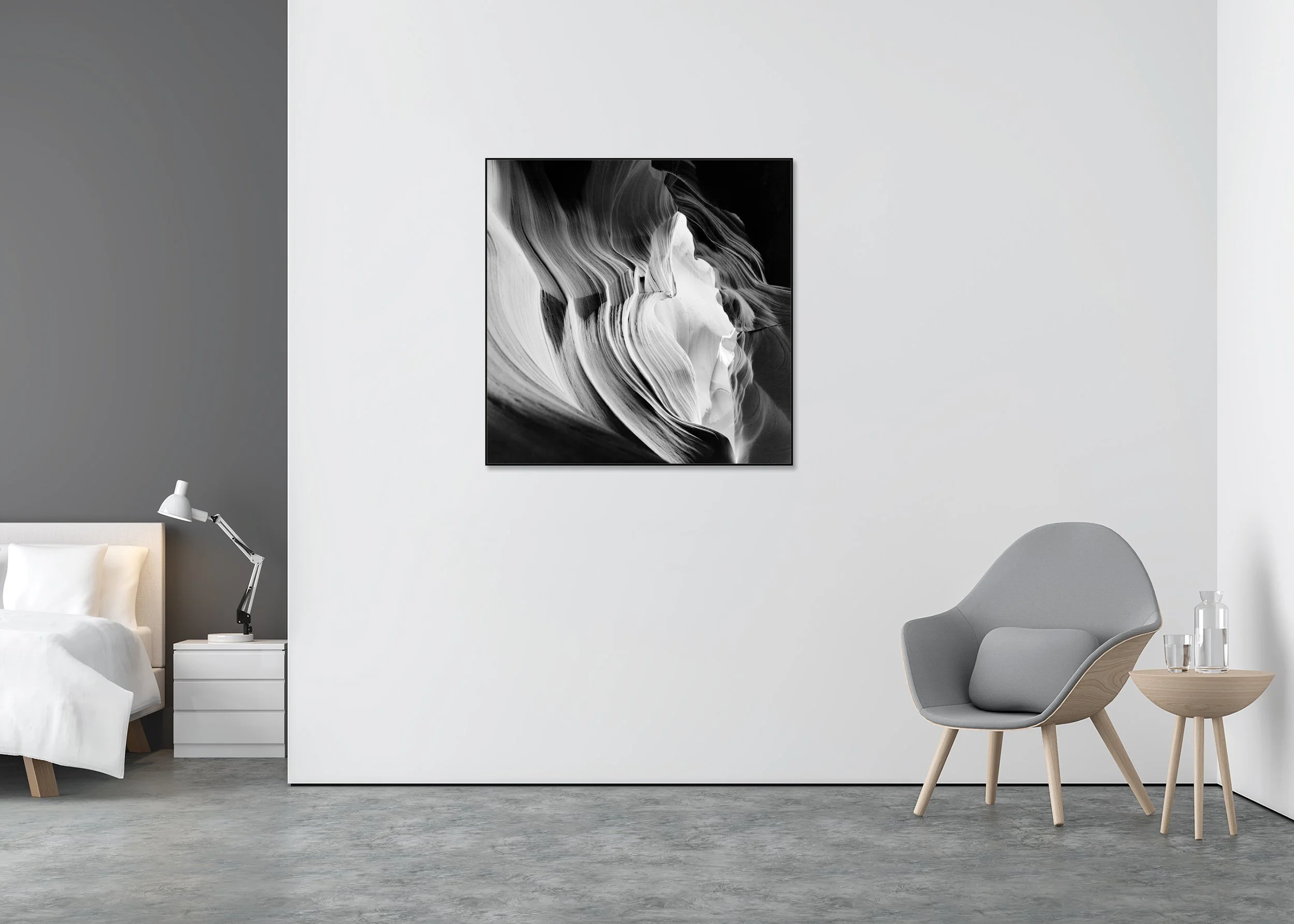 Antelope Canyon Study 3 displayed in a modern interior, mounted on aluminium Dibond in a black ArtBox frame. Photo by Gerald Berghammer.