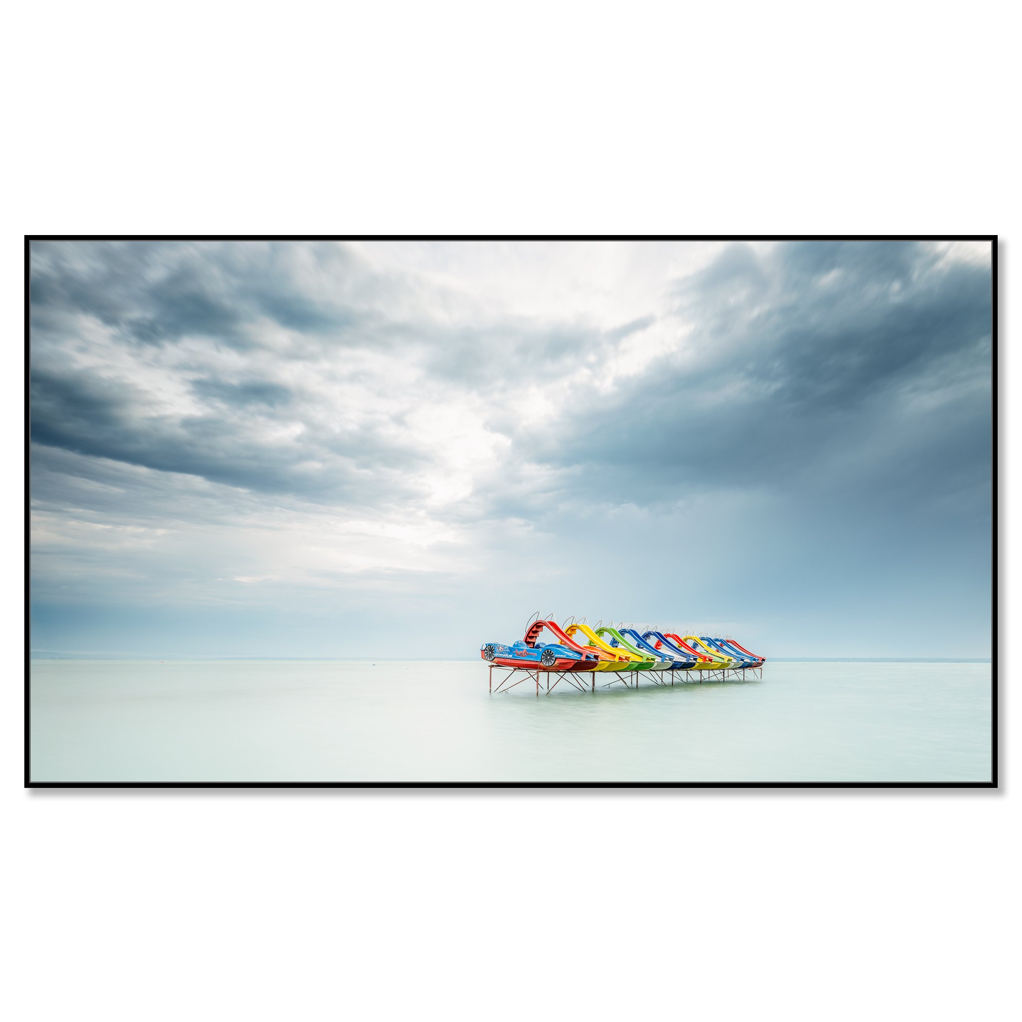 Row of Colourful Pedal Boats, Panorama – colour photograph on Dibond in a black aluminium ArtBox frame.
