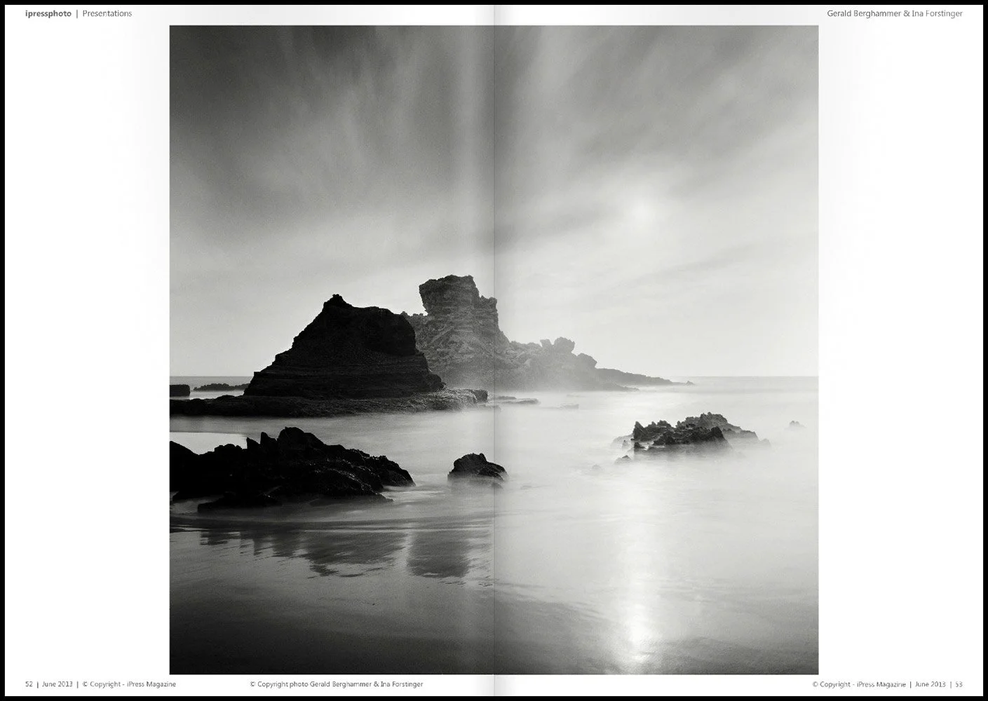 ipressphoto Magazine 2013 double-page spread showing an atmospheric black-and-white seascape with coastal rock formations, featured in an article on Gerald Berghammer and Ina Forstinger.