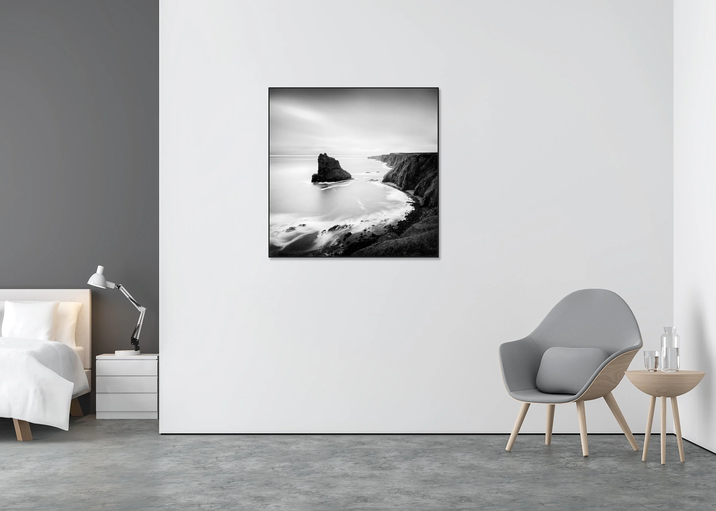 ChromaLuxe framed black and white photograph of Scottish coastal cliffs and sea stack by fine art photographer Gerald Berghammer.