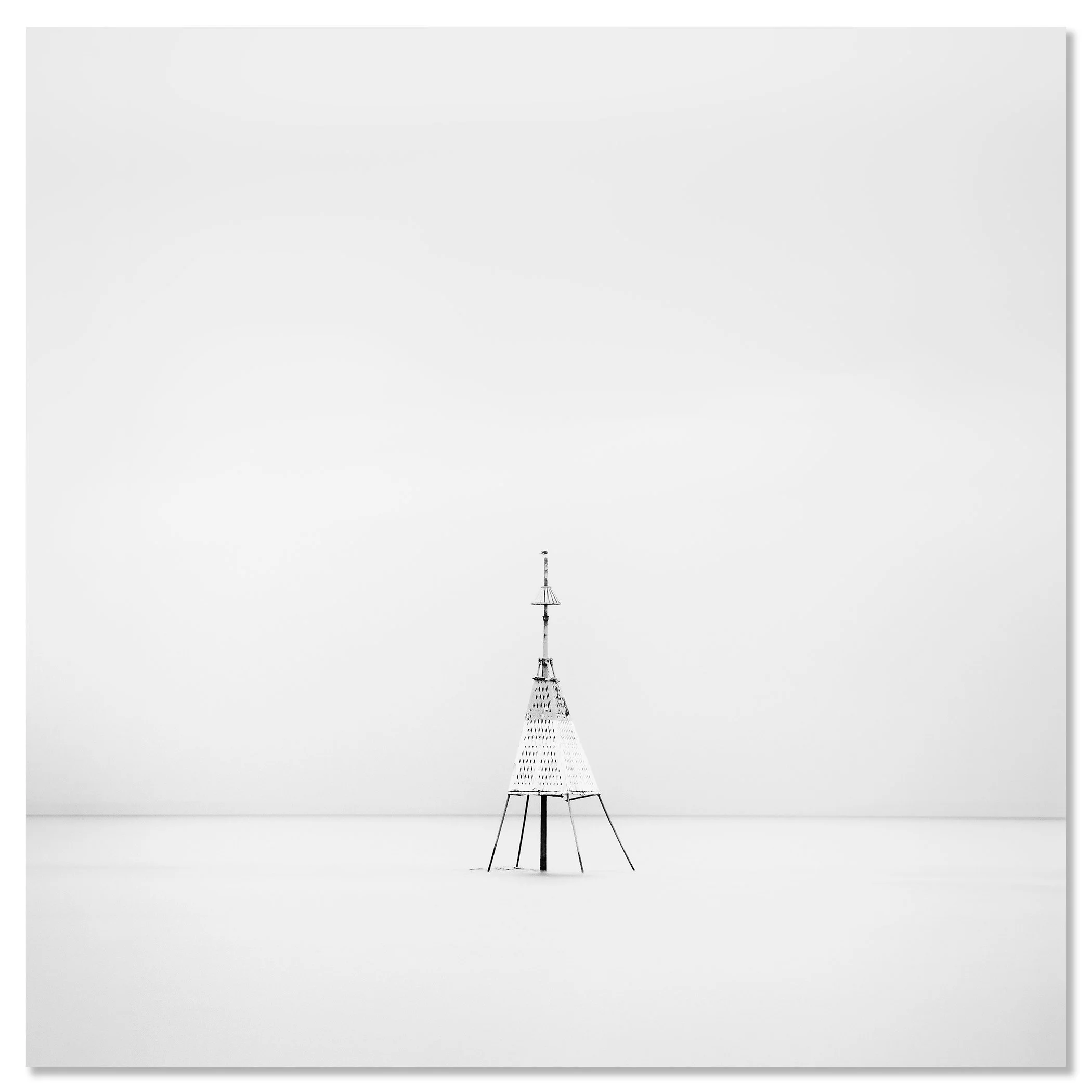 Gerald Berghammer - Black and white long exposure seascape photography. Solitary metal structure lighthouse with a conical top, standing in the Ocean. Chromaluxe frameless