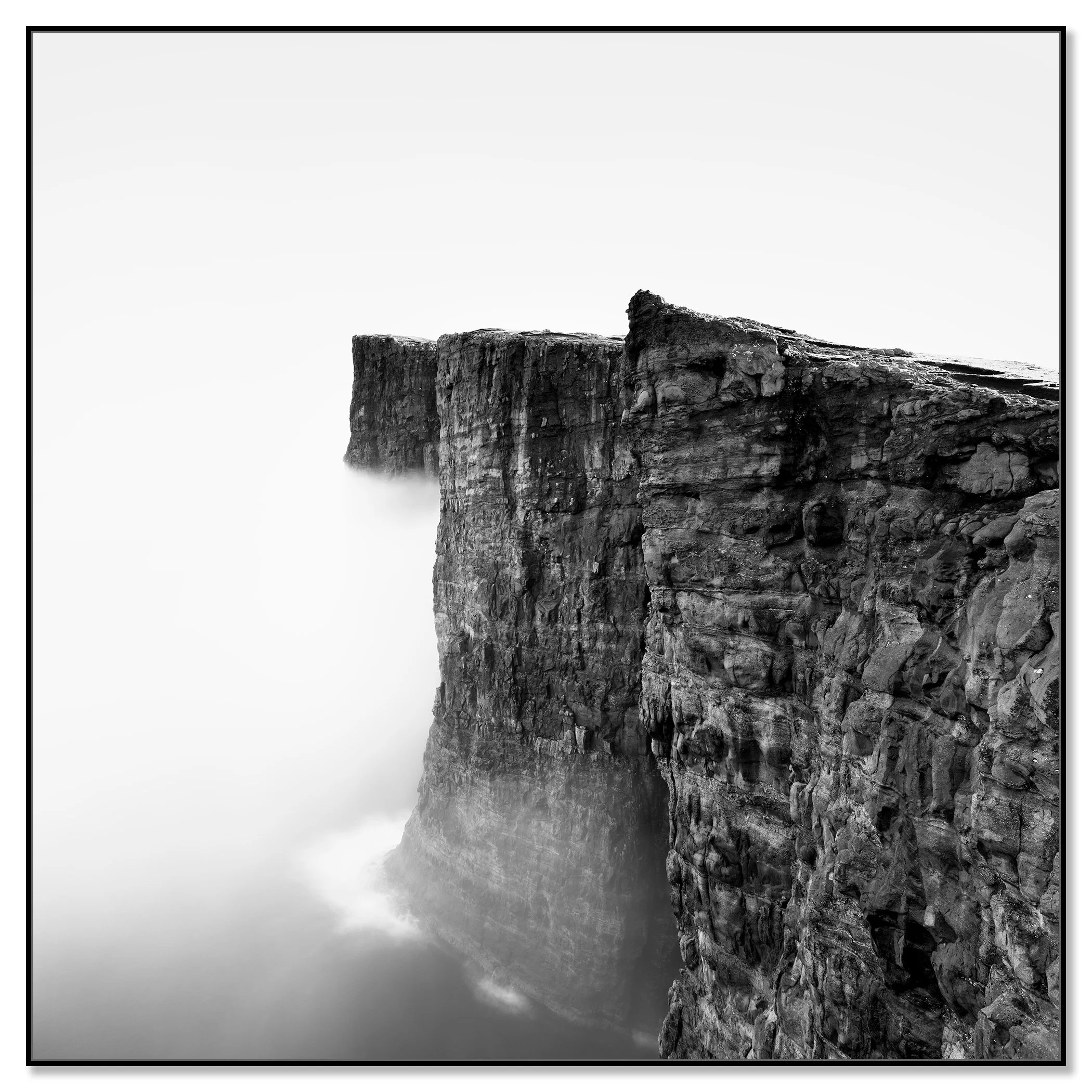 Foggy Slave Cliff Study 3 by Gerald Berghammer, black-and-white Dibond fine art print in a black aluminium ArtBox frame.