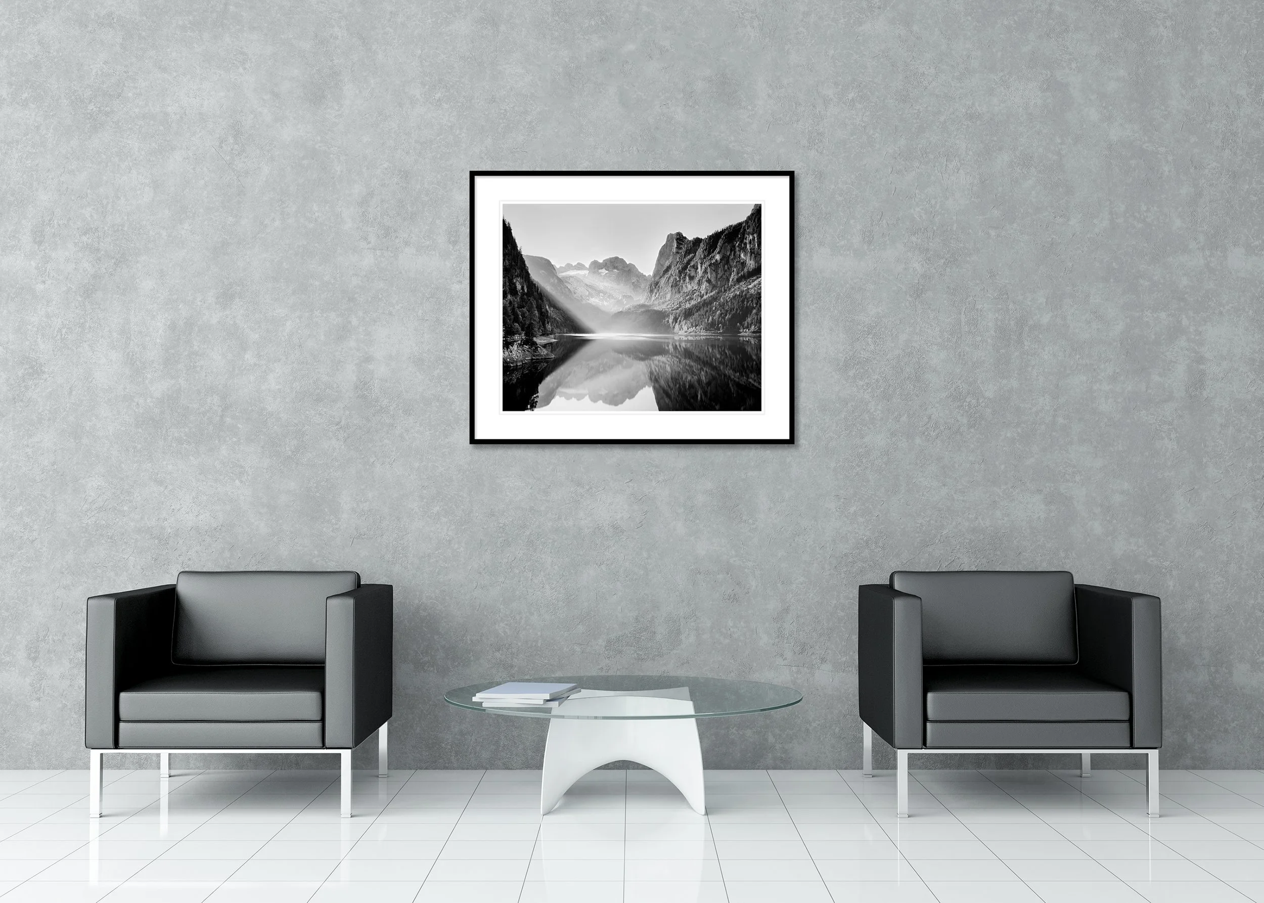 llumination – Lake Gosau, archival pigment print in an aluminium frame with a white mount displayed in a modern interior. Photo by Gerald Berghammer.