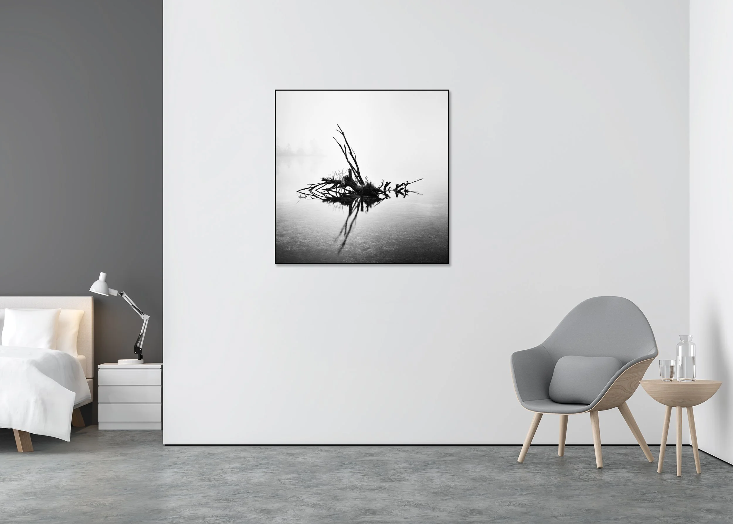 Fallen Tree Study 1 displayed in a modern interior, mounted on aluminium Dibond in a black ArtBox frame by Gerald Berghammer.