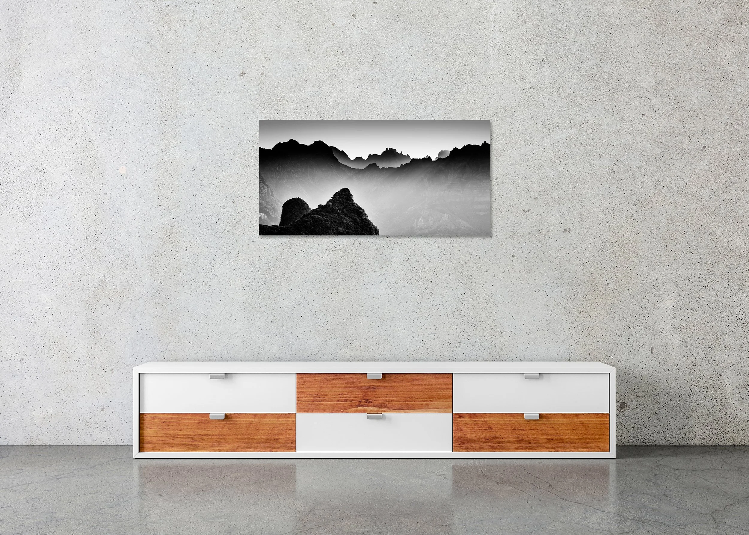 Morning Light in the Mountains, Study 3 – Portugal, frameless black-and-white photograph on aluminium Dibond displayed above a low cabinet.