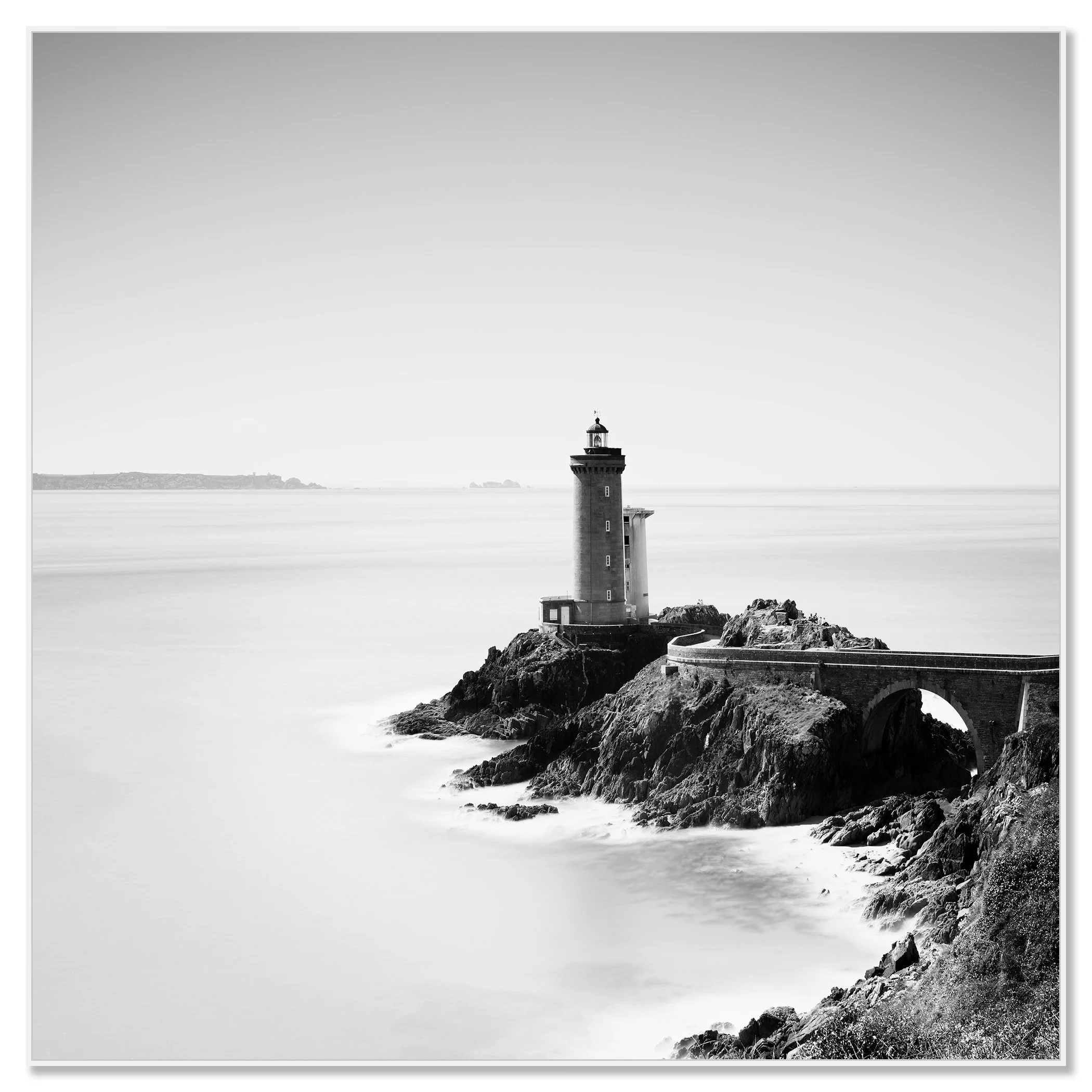 Fine art black-and-white photo of Phare du Petit Minou lighthouse on Brittany’s rocky shoreline – framed ArtBox white