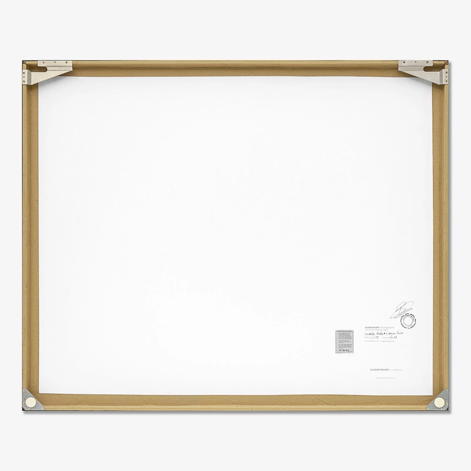 Rear view of framed Gondola Study 1 by Gerald Berghammer, showing the backing board, wooden frame and metal corner fittings.