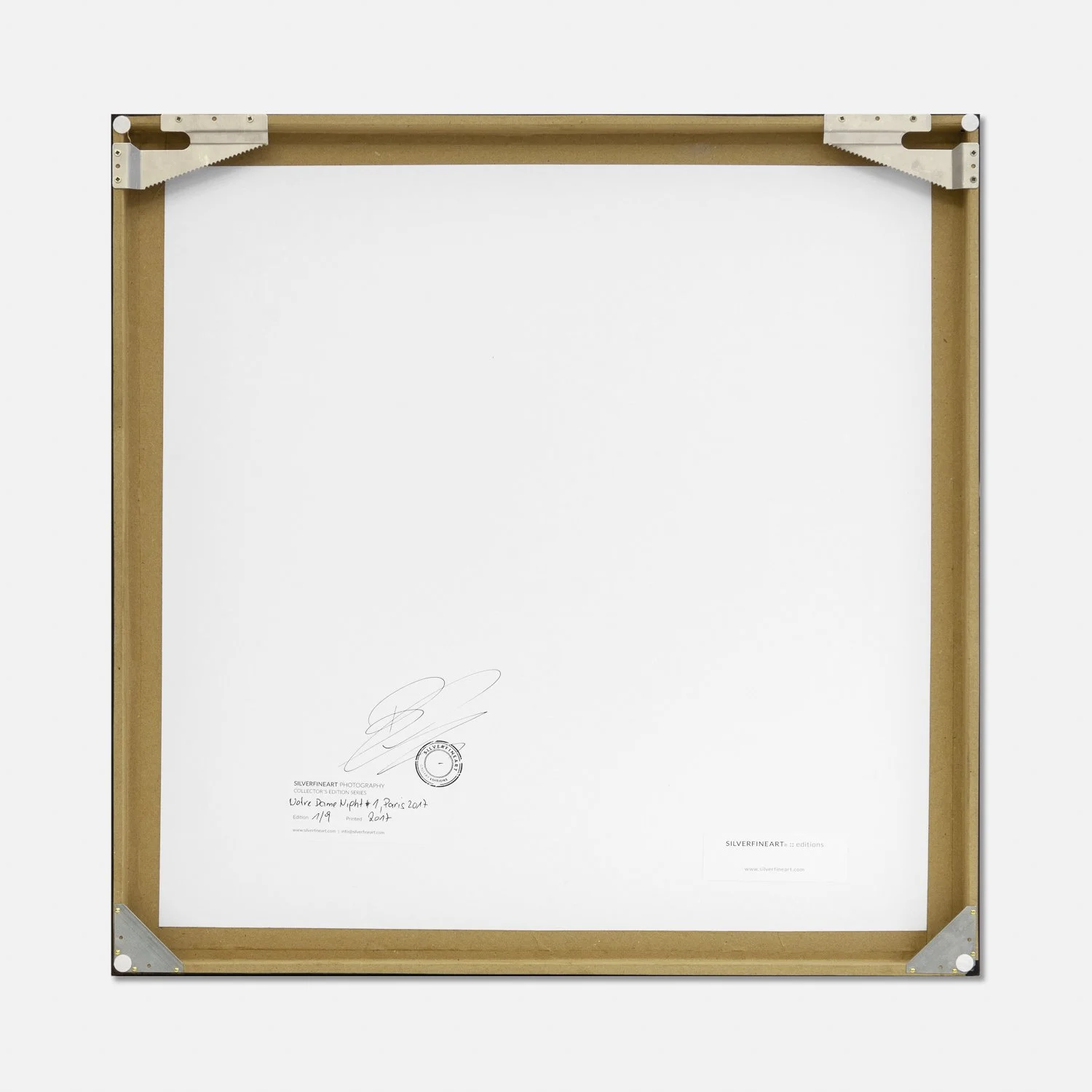 Gerald Berghammer – Notre Dame Night 1, reverse of the framed artwork showing the wooden construction and signed edition label.