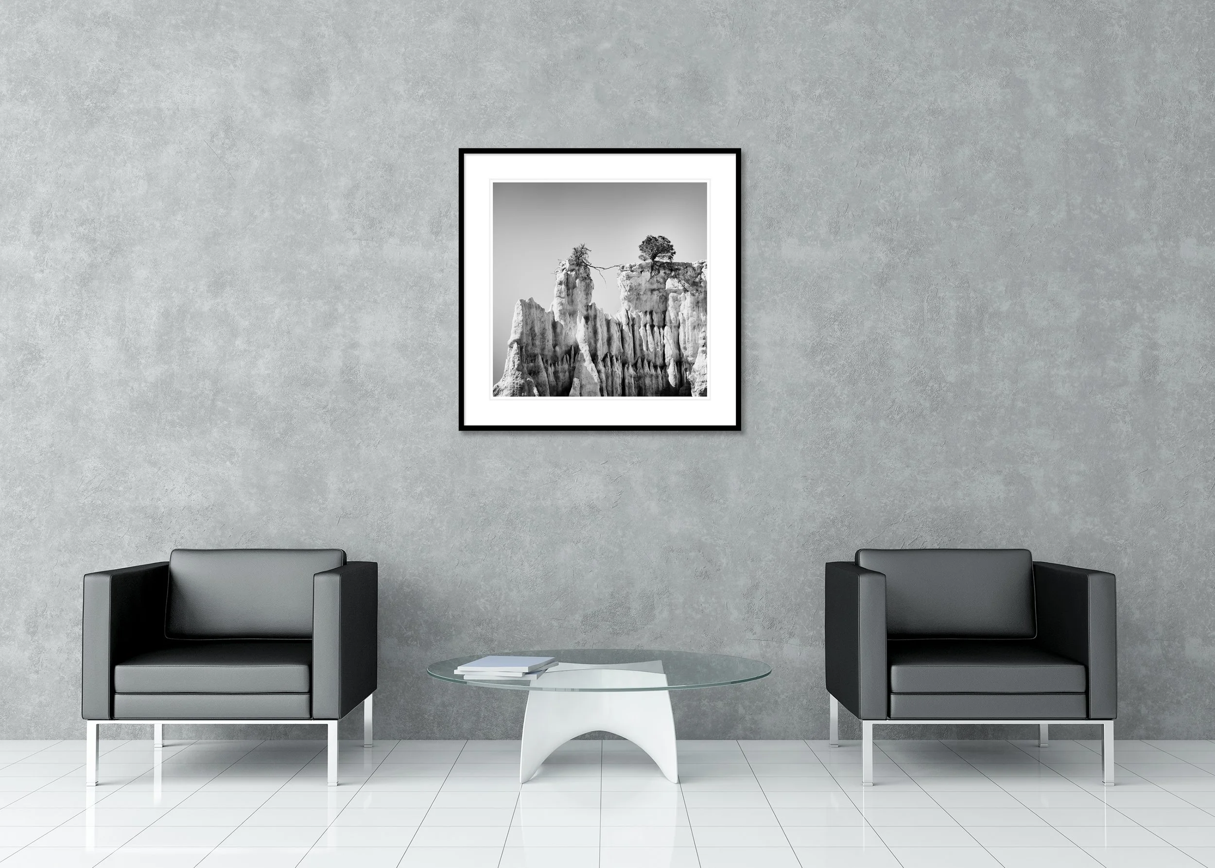 The Organs of Ille-sur-Tet Study 3 displayed in a modern interior as an archival pigment print in a black aluminium frame with a white mount by Gerald Berghammer.